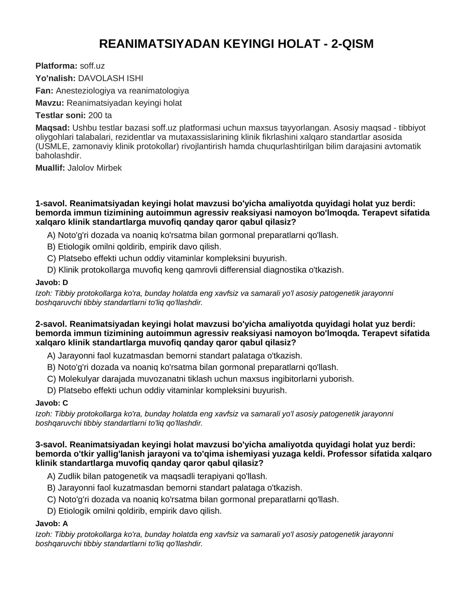 Reanimatsiyadan keyingi holat - 2-QISM