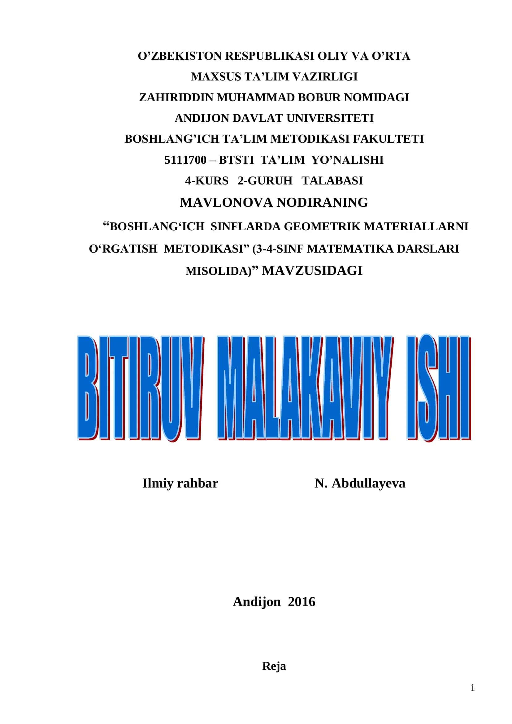 "BOSHLANG‘ICH SINFLARDA GEOMETRIK MATERIALLARNI O‘RGATISH METODIKASI" (3-4-SINF MATEMATIKA DARSLARI MISOLIDA)