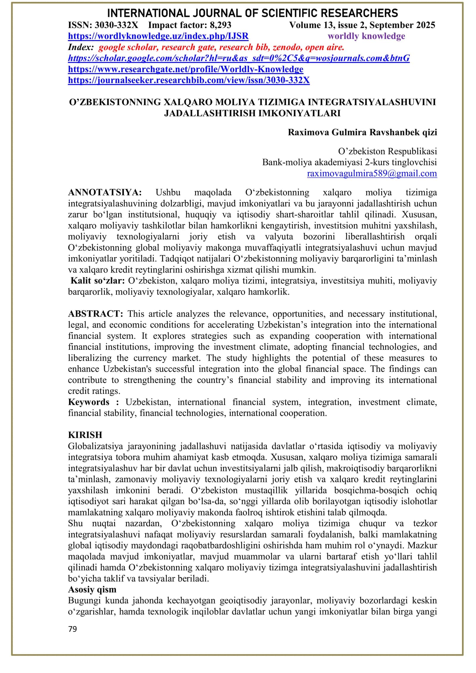 O‘ZBEKISTONNING XALQARO MOLIYA TIZIMIGA INTEGRATSIYALASHUVINI JADALLASHTIRISH IMKONIYATLARI
