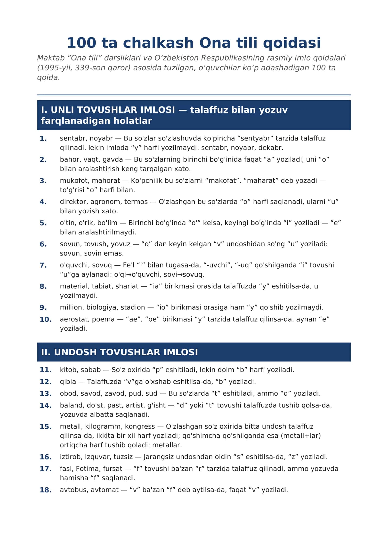 📘 Ona tilidan eng ko‘p chalkashiladigan 100 ta qoida | PDF qo‘llanma