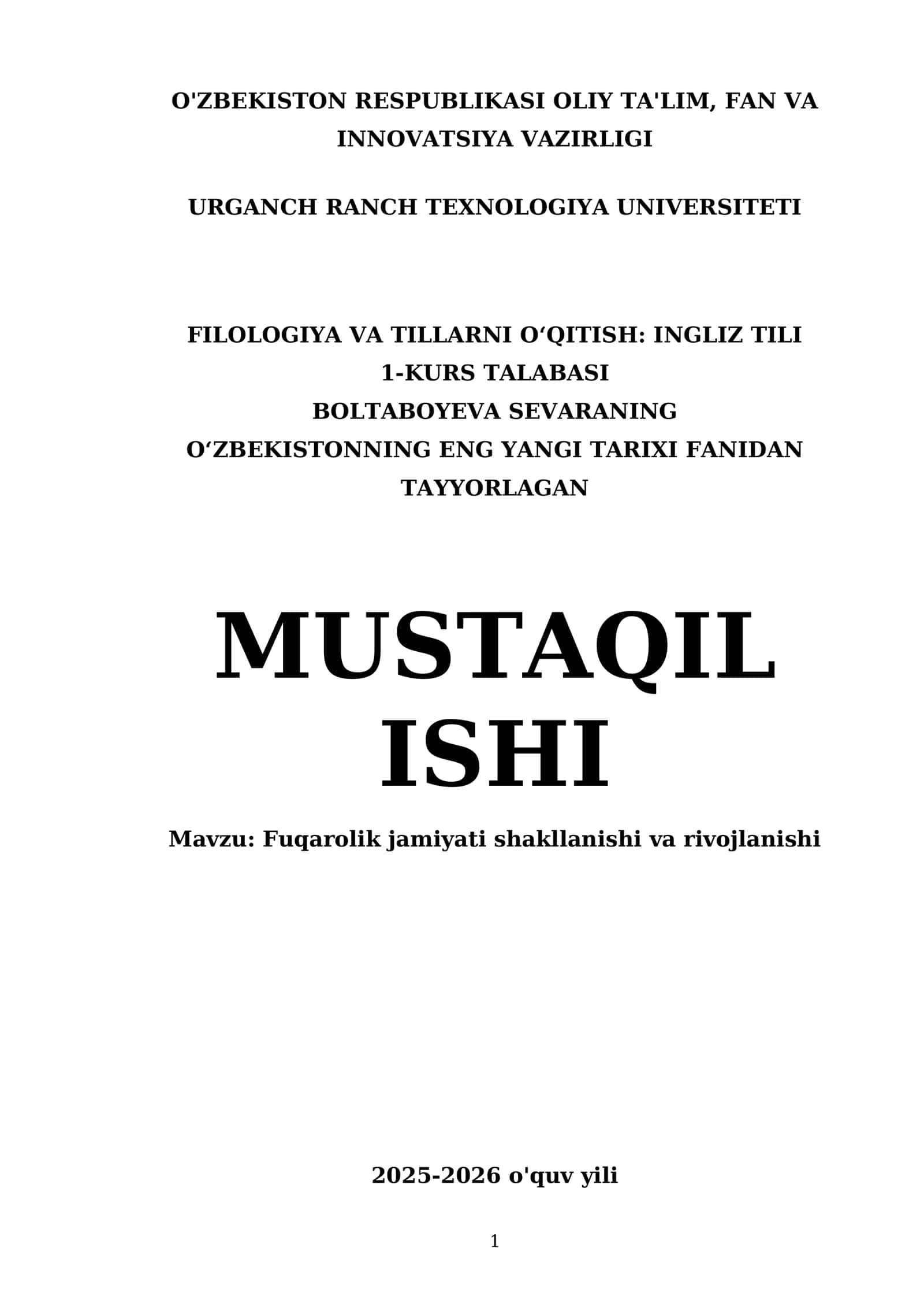 Oʻzbekistonning eng yangi tarixi fanidan tayyorlagan mustaqil ishi