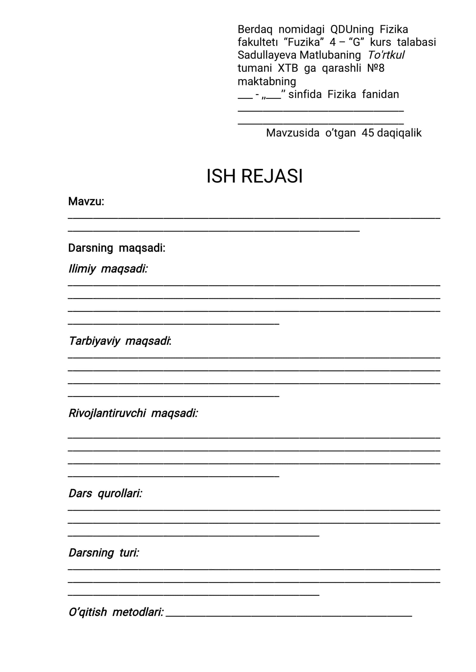 Fizika fanidan ISH REJASI