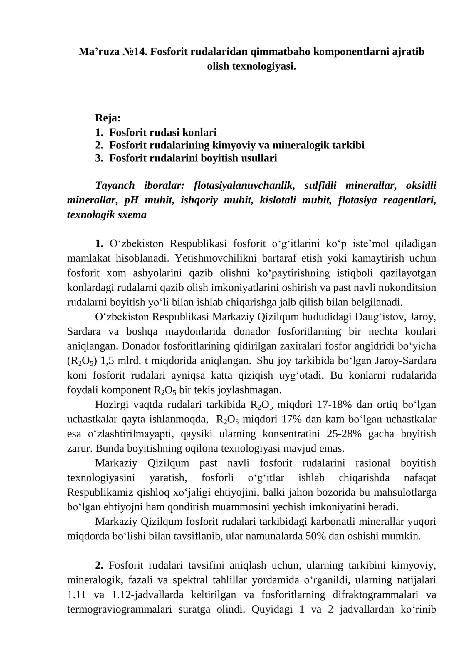 Fosforit rudalaridan qimmatbaho komponentlarni ajratib olish texnologiyasi