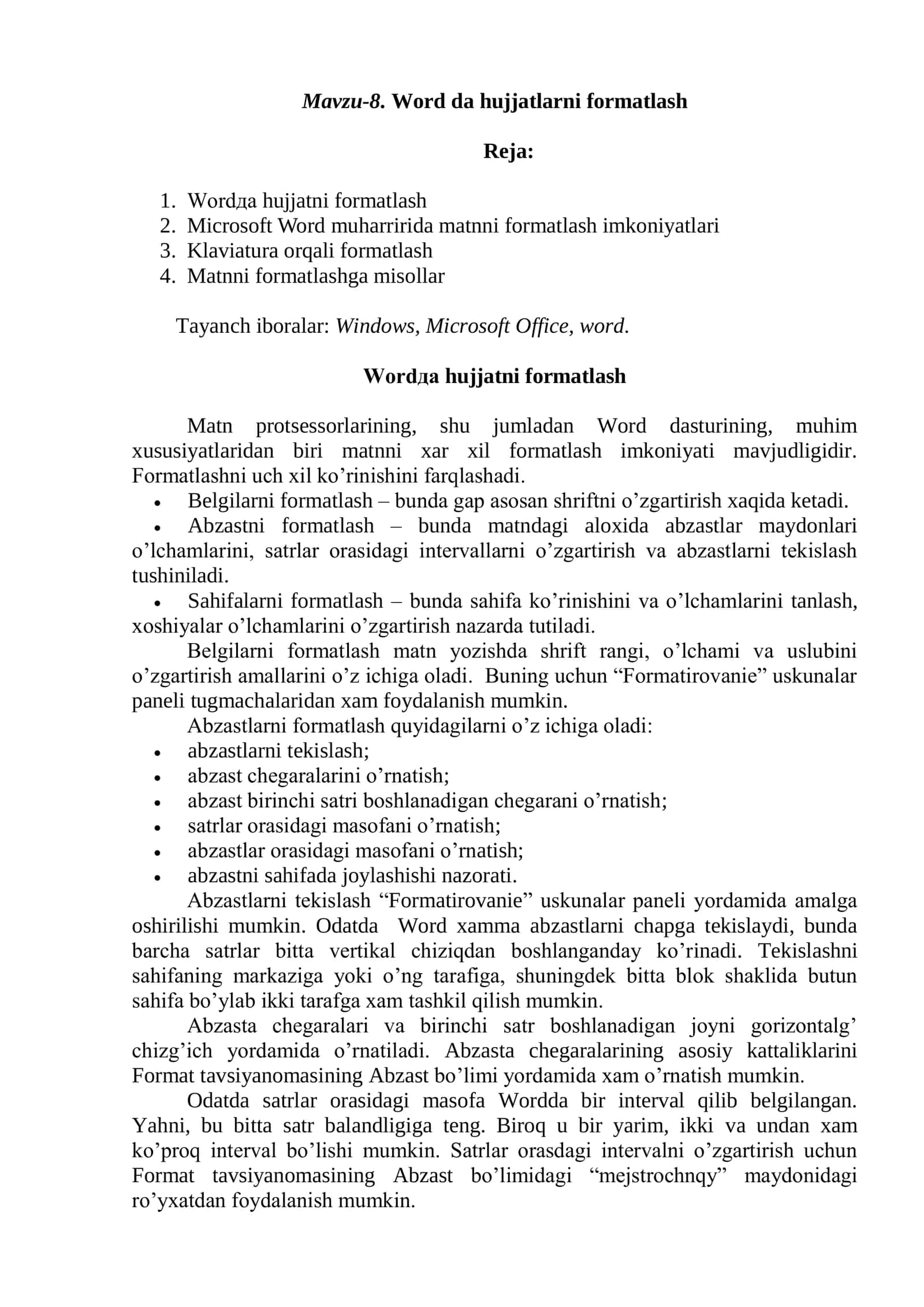 Word da hujjatlarni formatlash