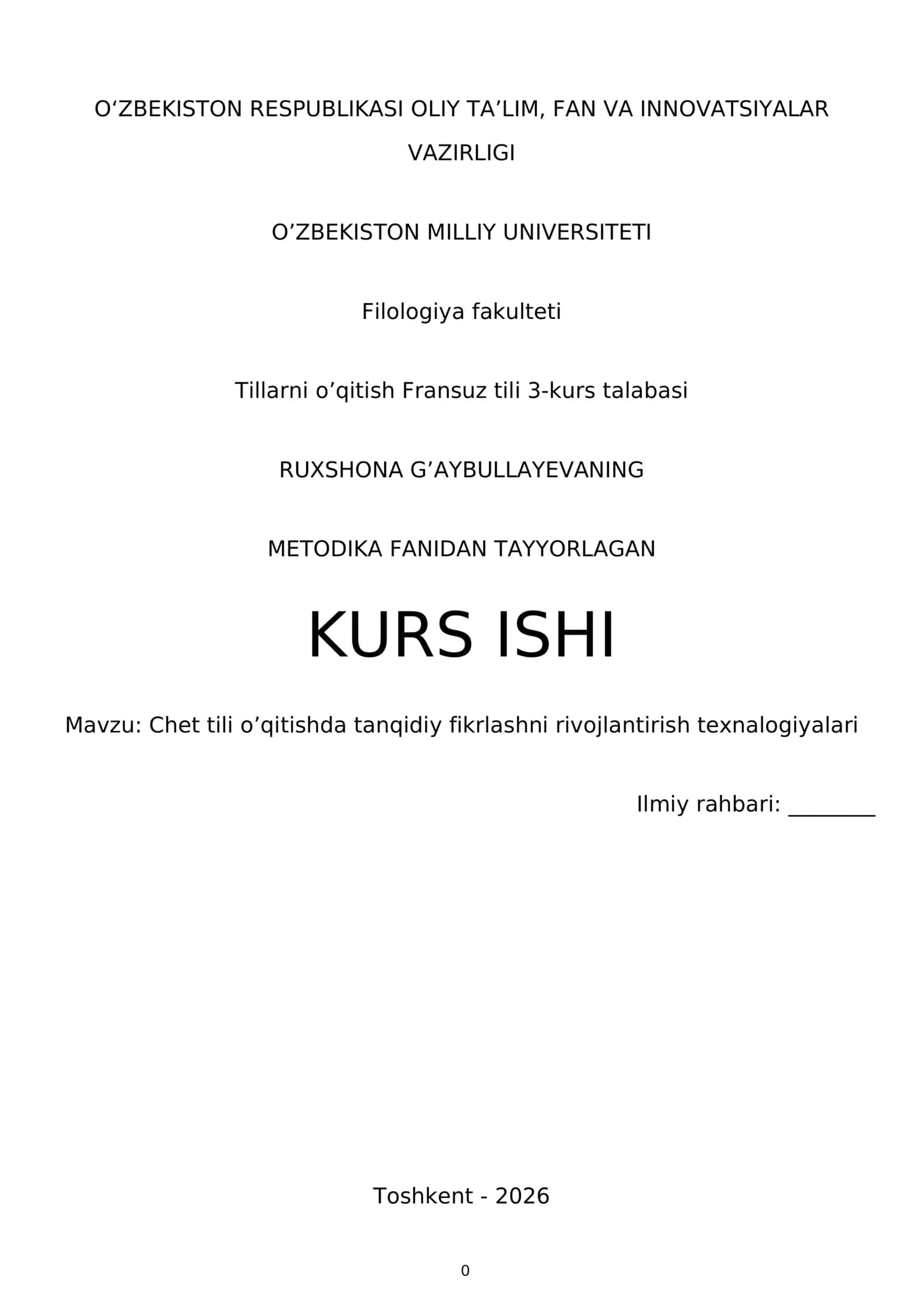 RUXSHONA G’AYBULLAYEVANING METODIKA FANIDAN TAYYORLAGAN KURS ISHI