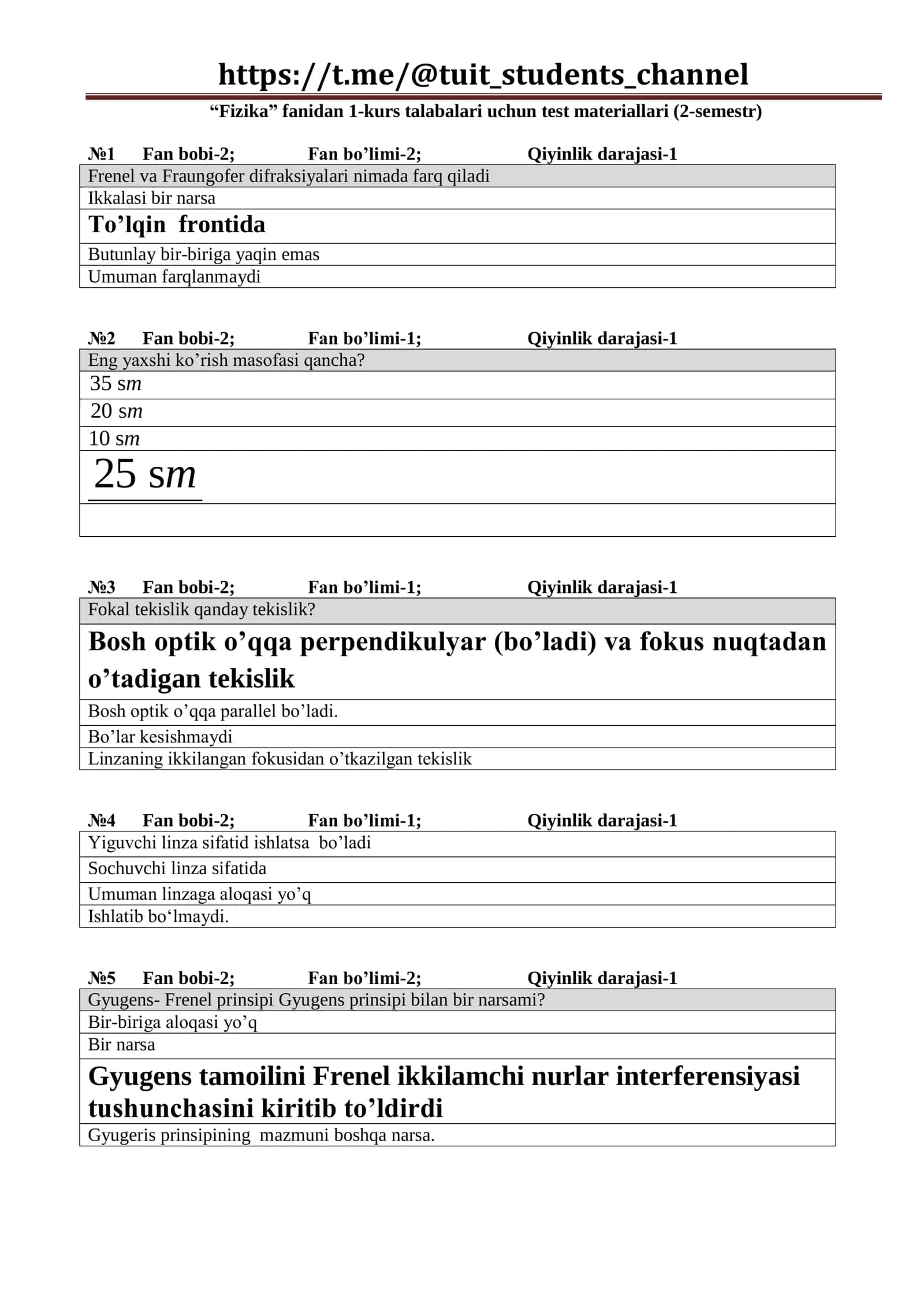 Fizika fanidan 1-kurs talabalari uchun test materiallari (2-semestr)
