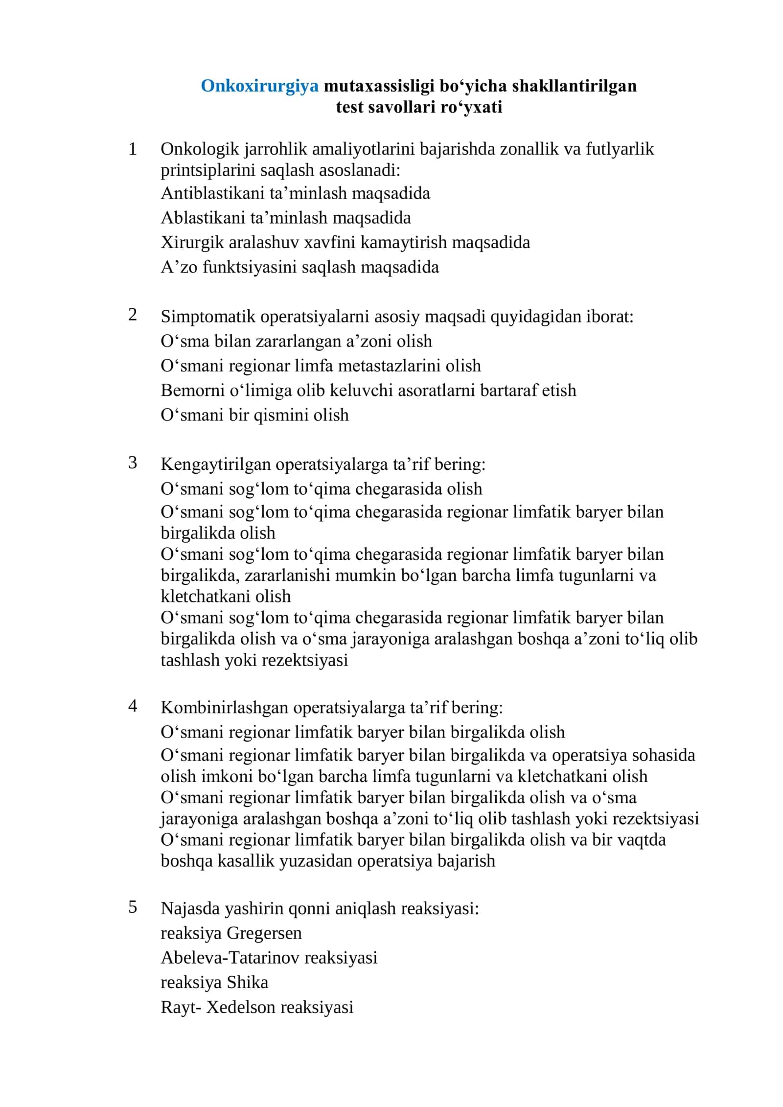 Onkoxirurgiya test savollari roʻyxati 2026