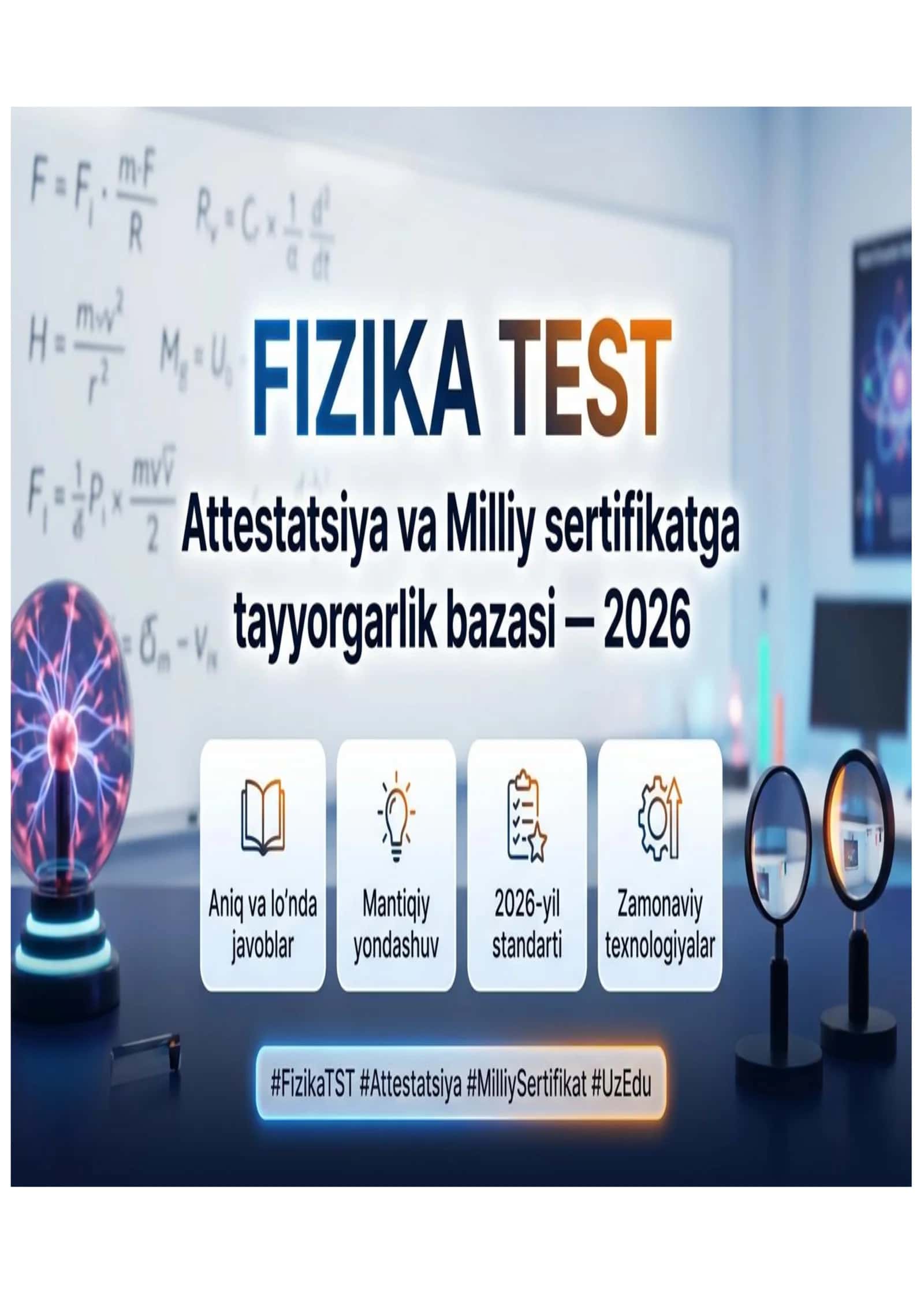 Fizika TEST: ATTESTATSIYA VA MILLIY SERTIFIKAT — 2026