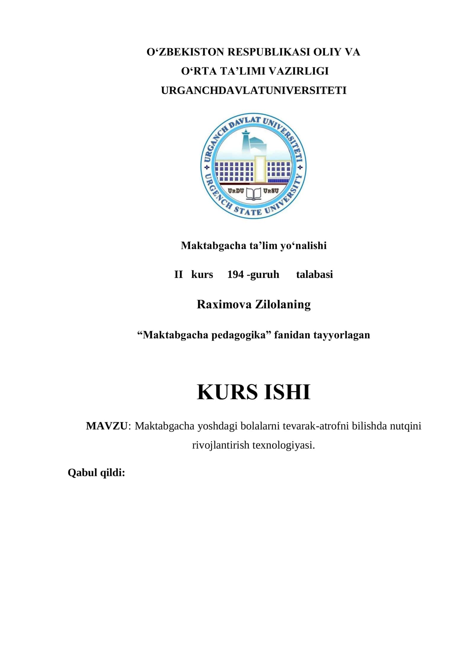 MAKTABGACHA YOSHDAGI BOLALARNI TEVARAK-ATROFNI BILISHDA NUTQINI RIVOJLANTIRISH TEXNOLOGIYASI