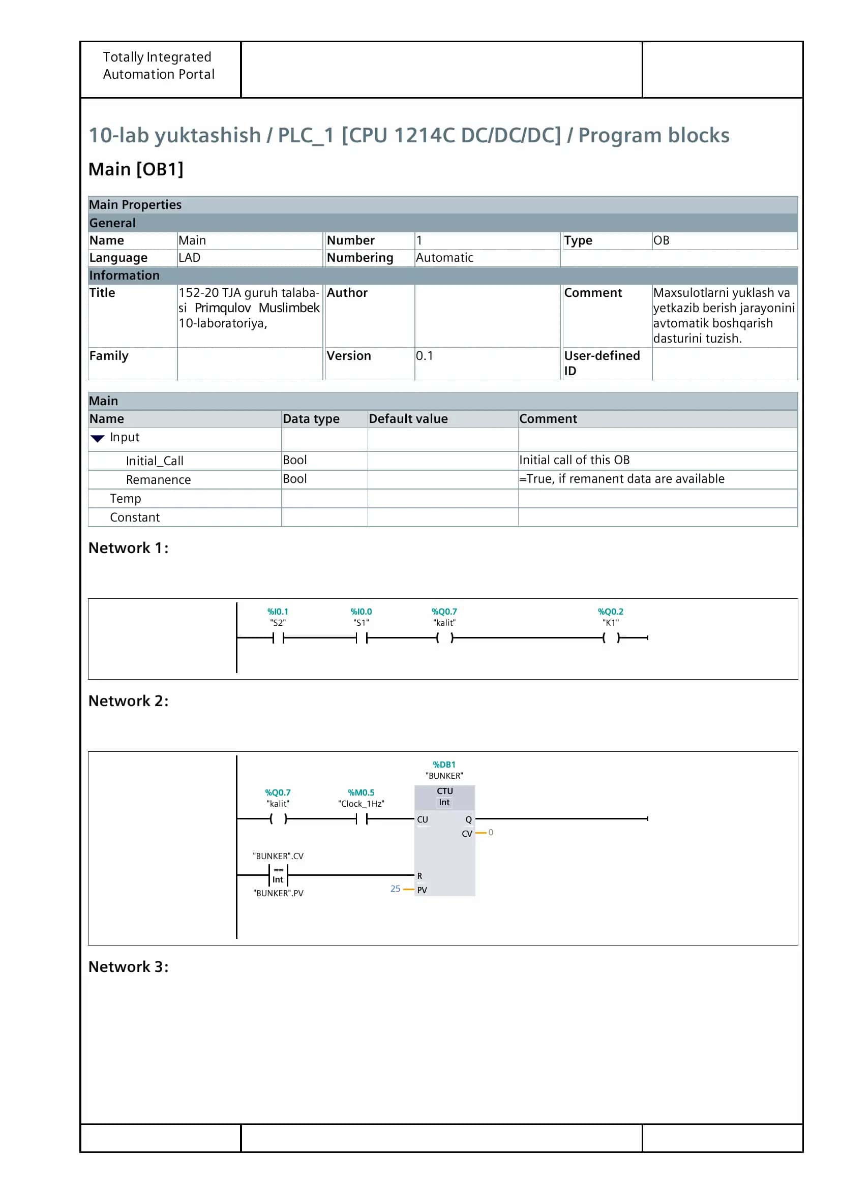 10-lab yuktashish / PLC_1 [CPU 1214C DC/DC/DC] / Program blocks