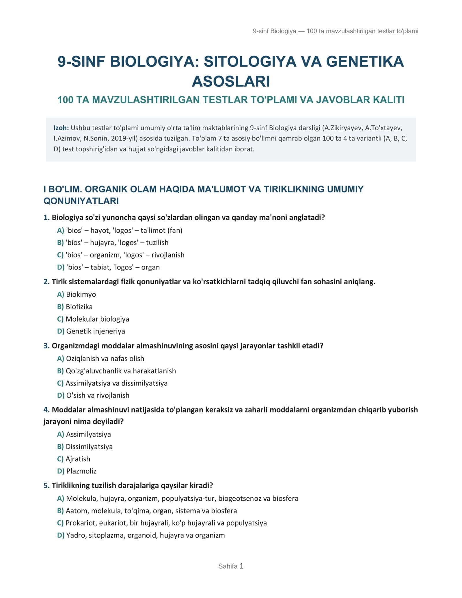 9-sinf Biologiya — 100 ta mavzulashtirilgan testlar to'plami