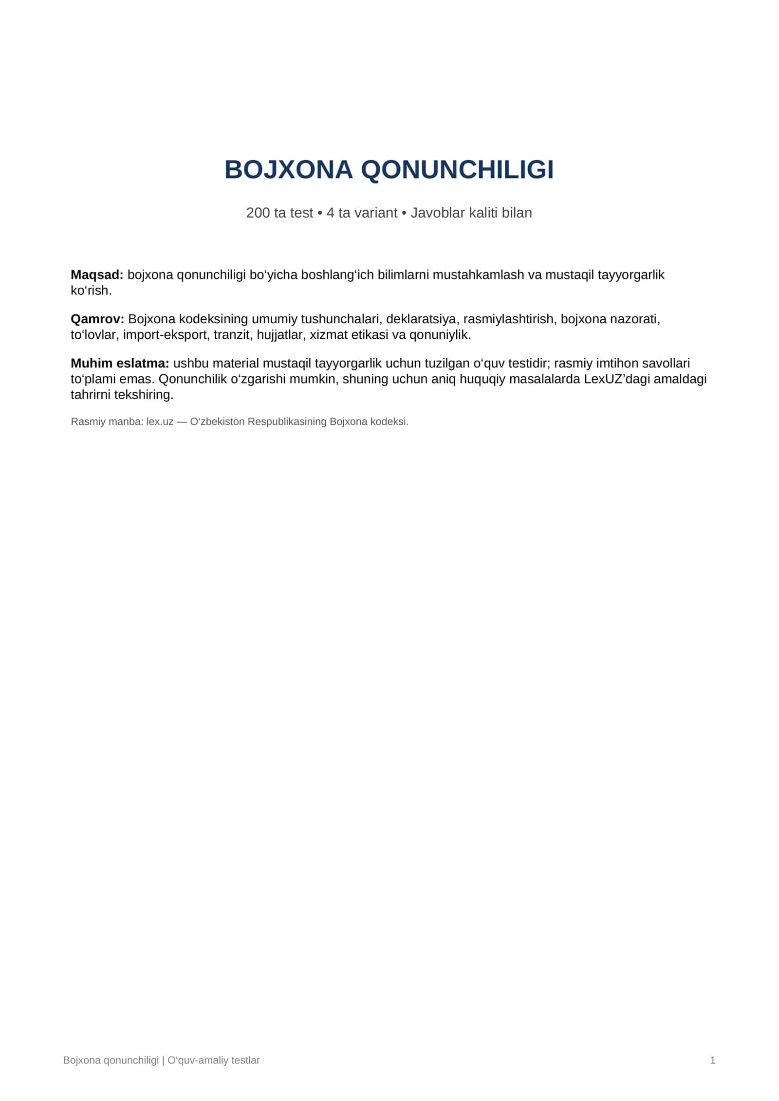 Bojxona qonunchiligi bo‘yicha 200 ta test va javoblar kaliti