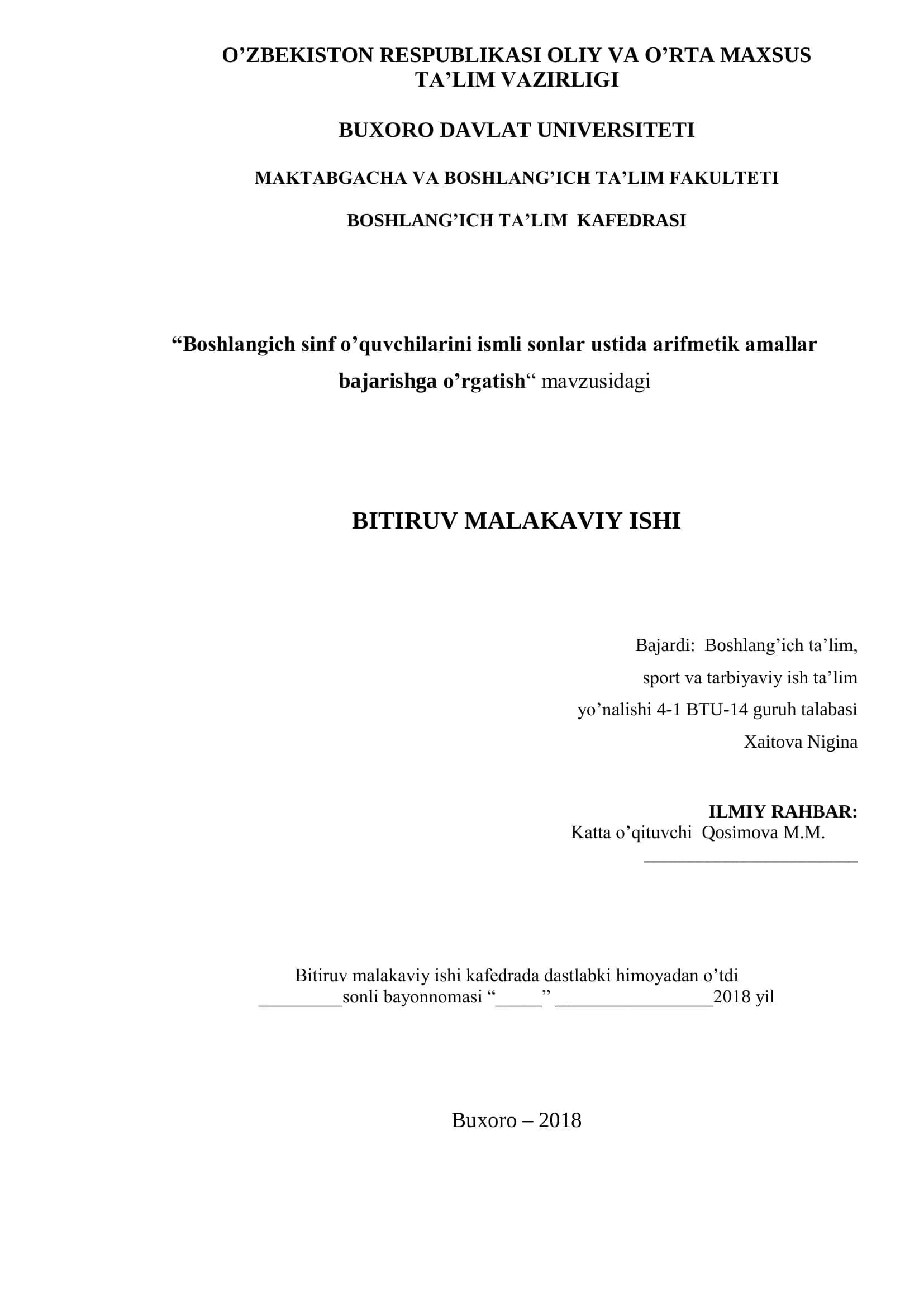 Boshlangich sinf o’quvchilarini ismli sonlar ustida arifmetik amallar bajarishga o’rgatish