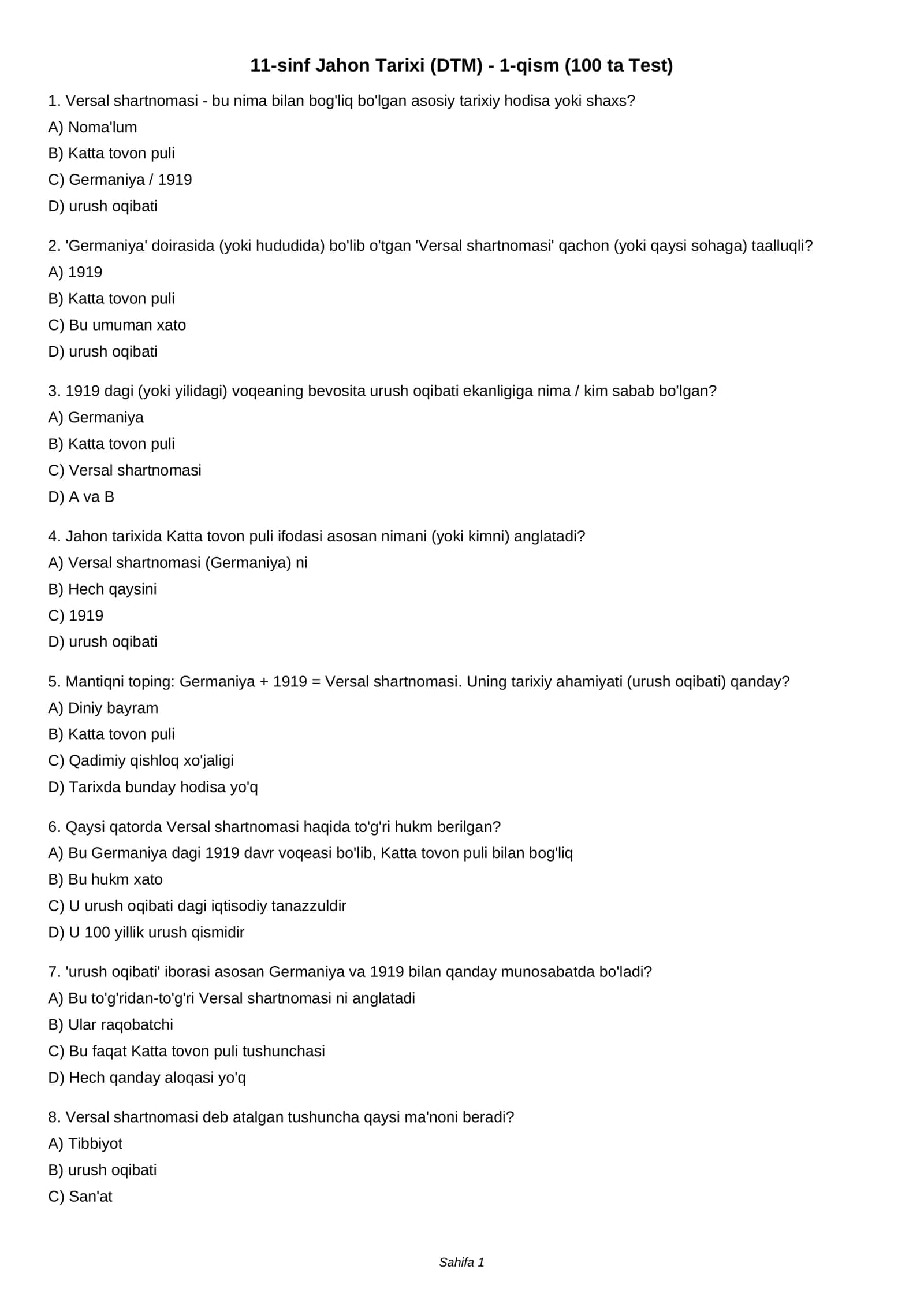 11-sinf Jahon Tarixi (DTM) - 1-qism (100 ta Test)