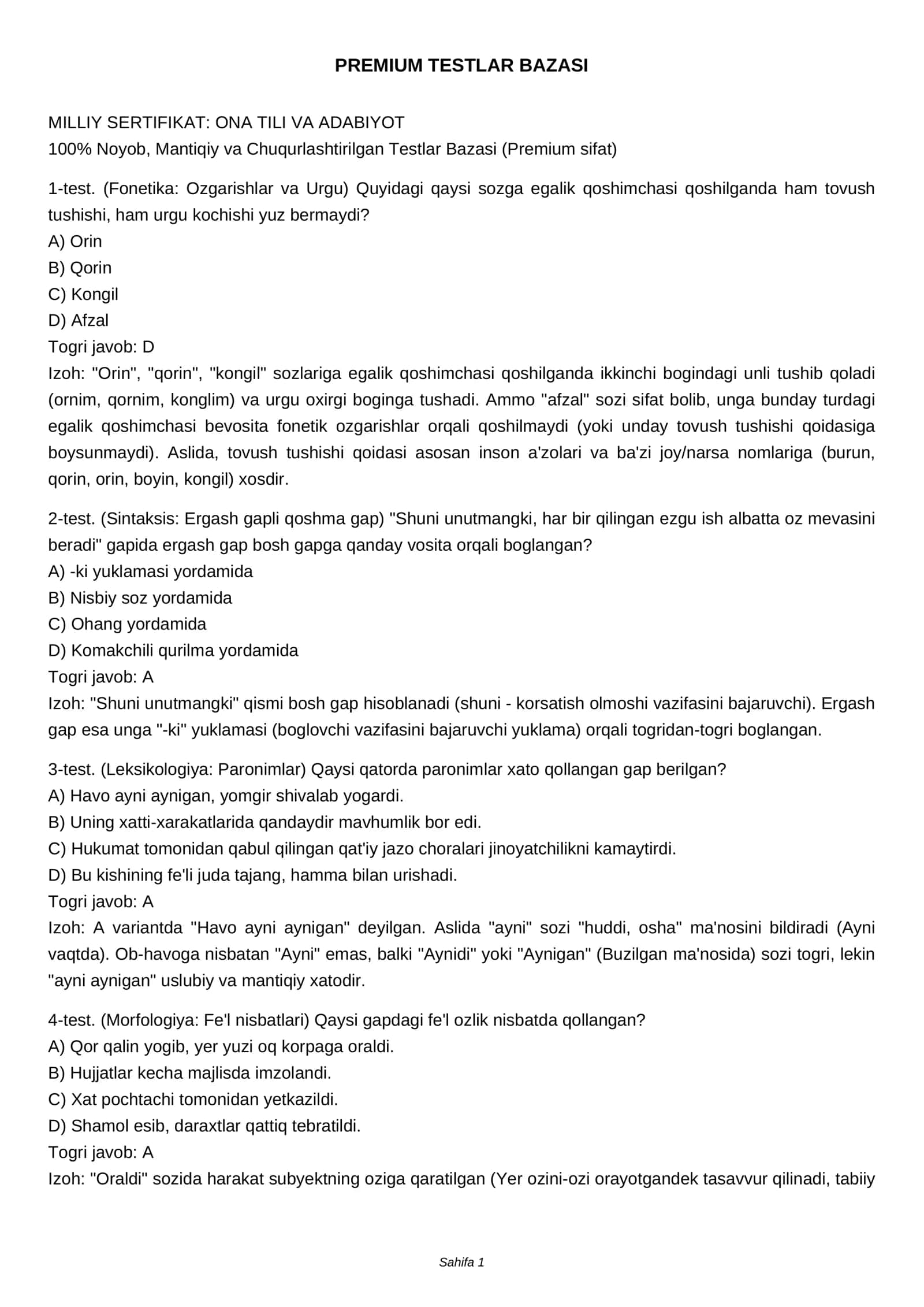 PREMIUM TESTLAR BAZASI