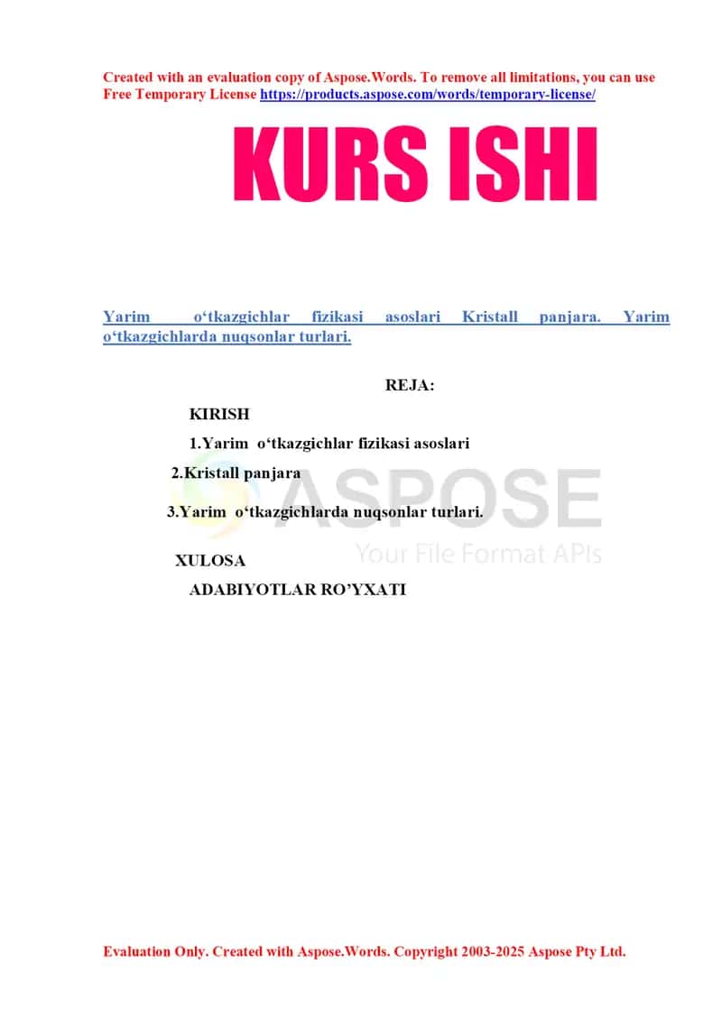 Yarim o‘tkazgichlar fizikasi asoslari Kristall panjara. Yarim o‘tkazgichlarda nuqsonlar turlari.
