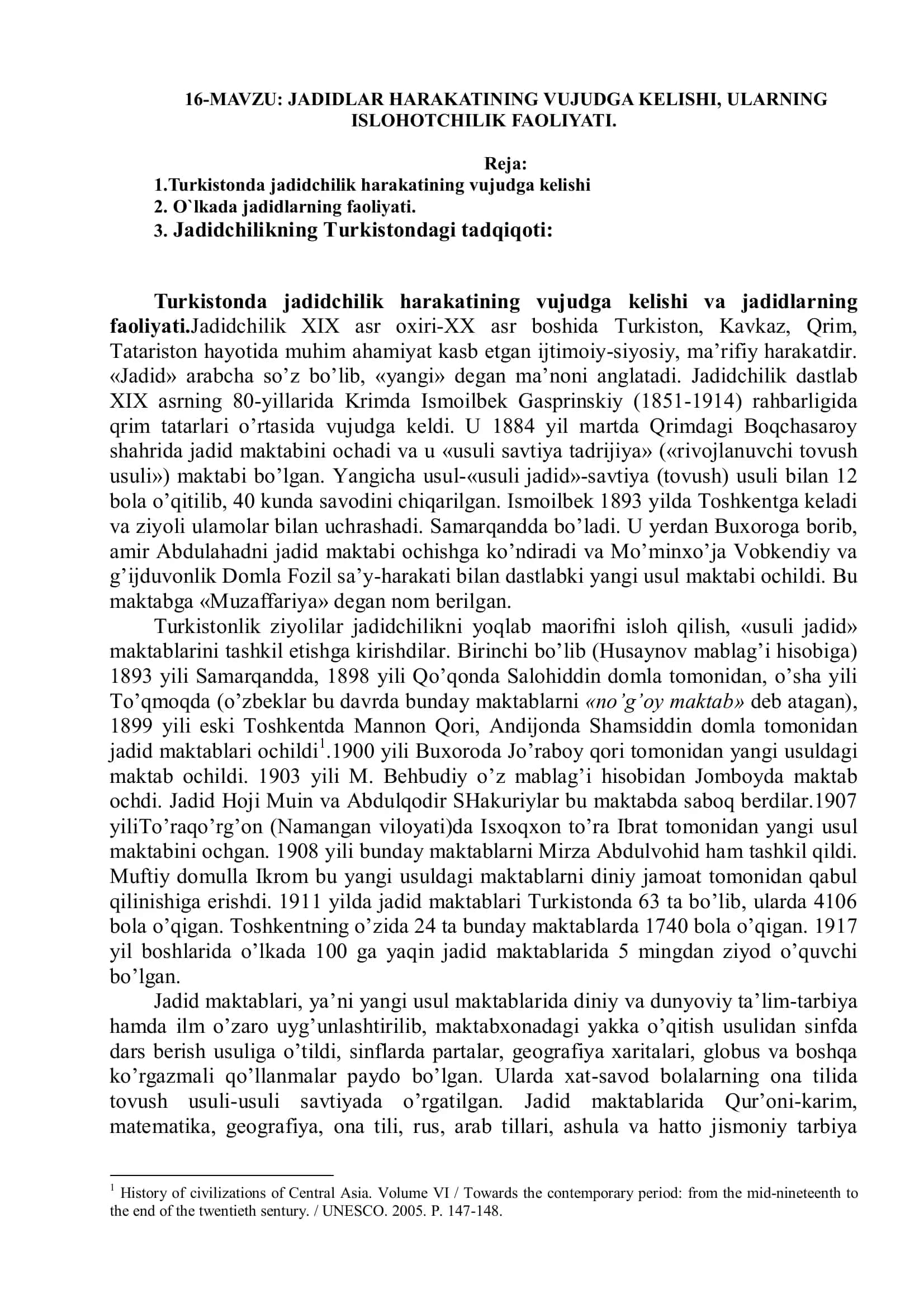JADIDLAR HARAKATINING VUJUDGA KELISHI, ULARNING  ISLOHOTCHILIK FAOLIYATI.