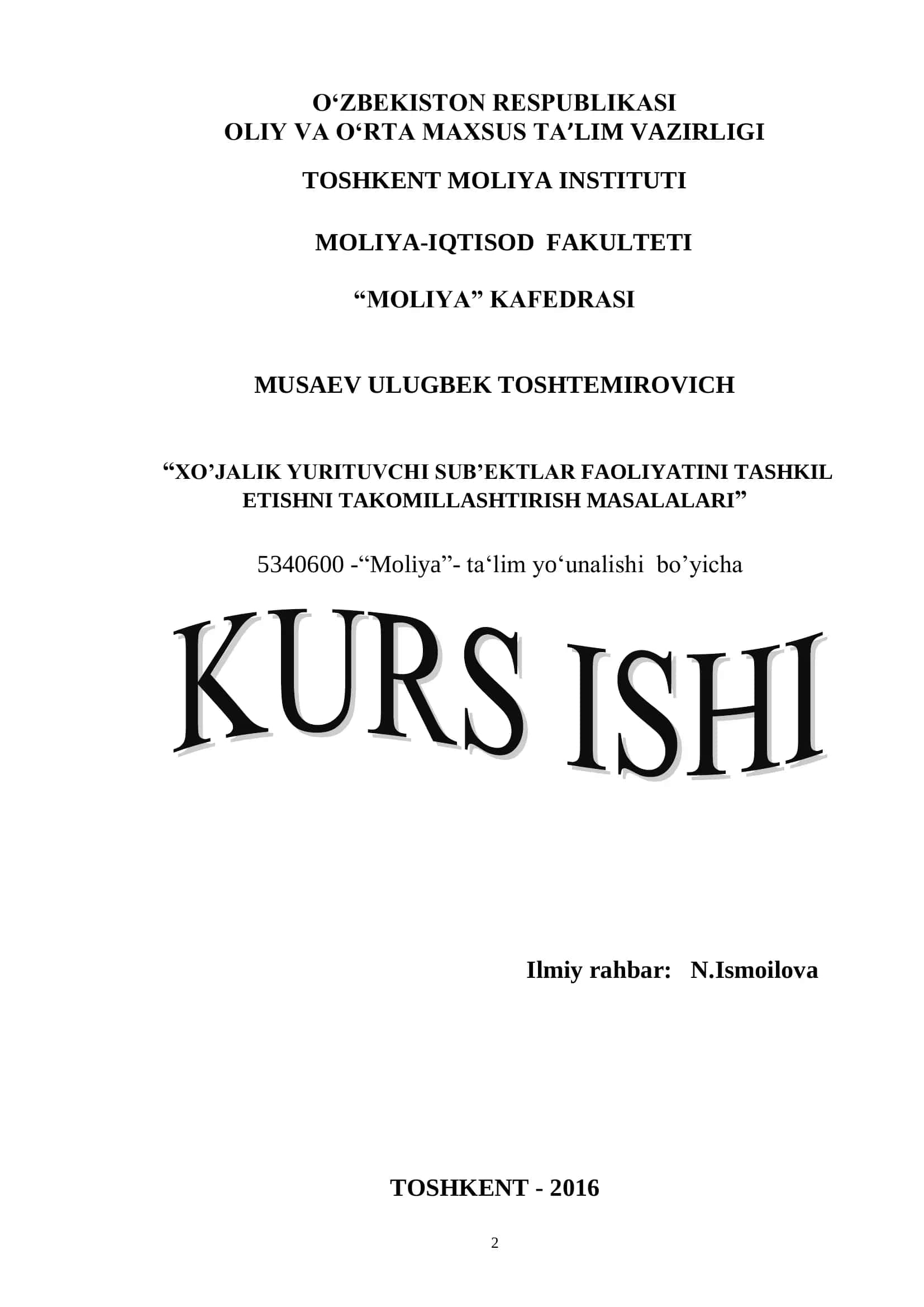 Xo’jalik yurituvchi sub’ektlar faoliyatini tashkil etishni takomillashtirish masalalari