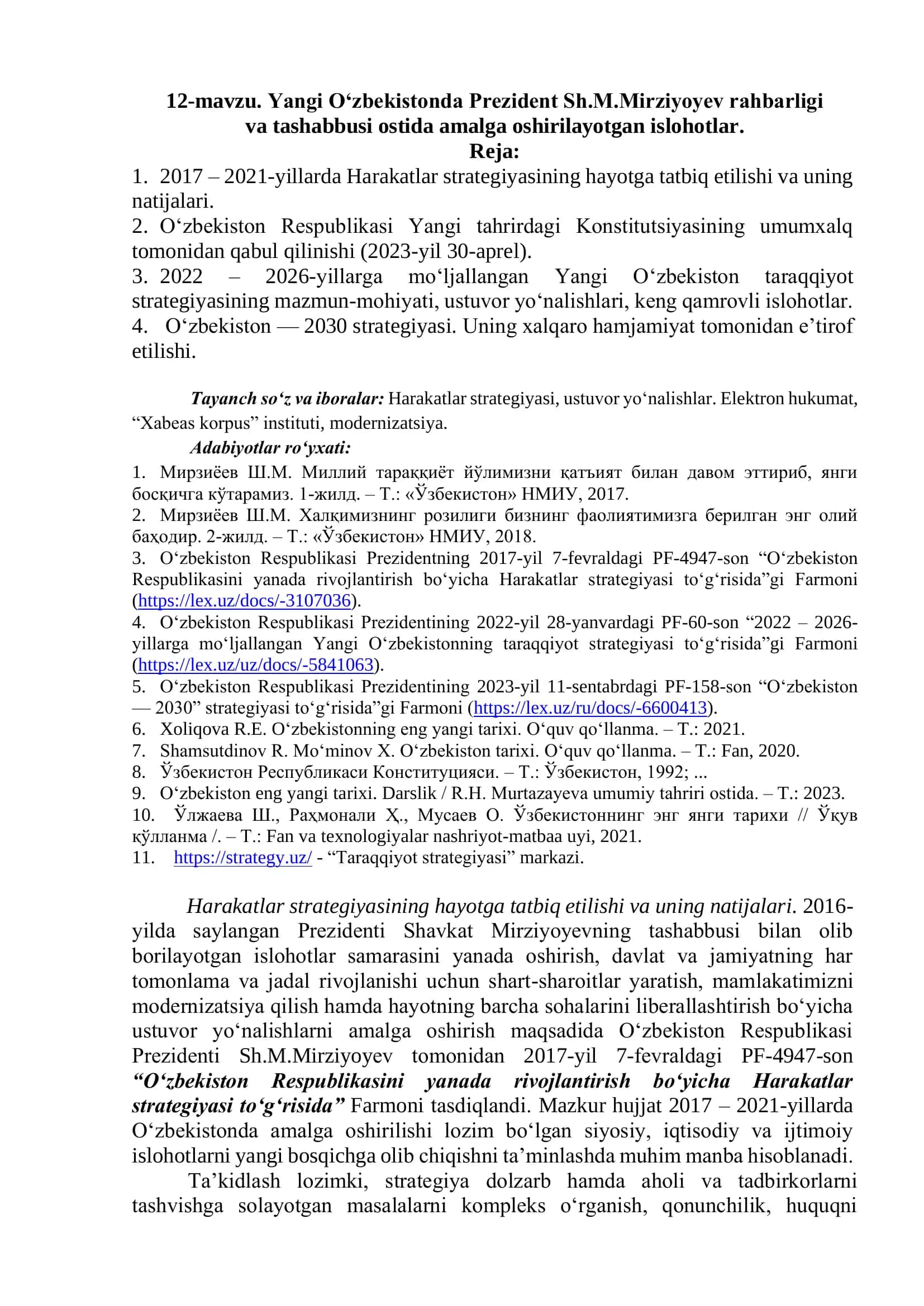 12-mavzu. Yangi O‘zbekistonda Prezident Sh.M.Mirziyoyev rahbarligi