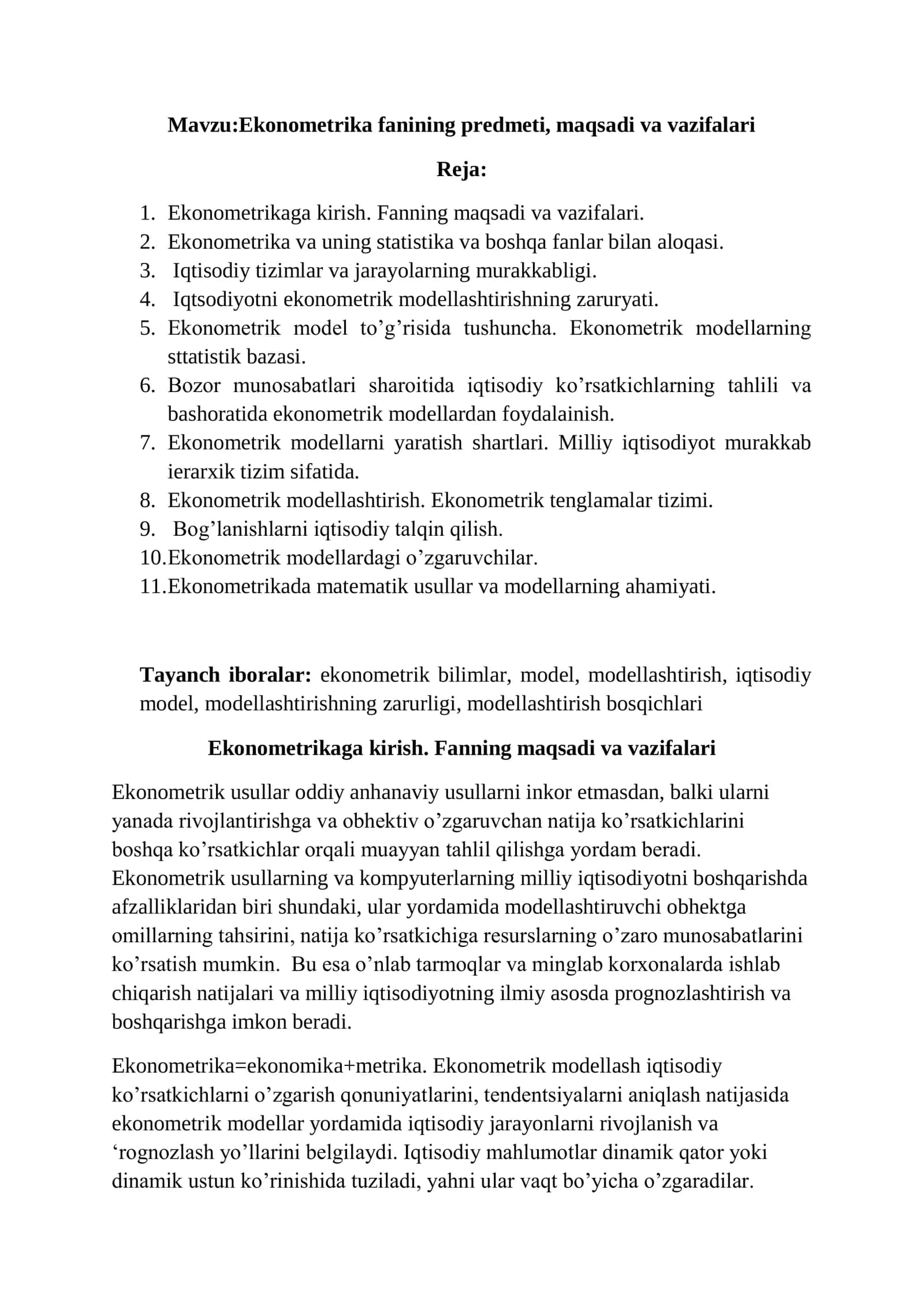 Ekonometrika fanining predmeti, maqsadi va vazifalari