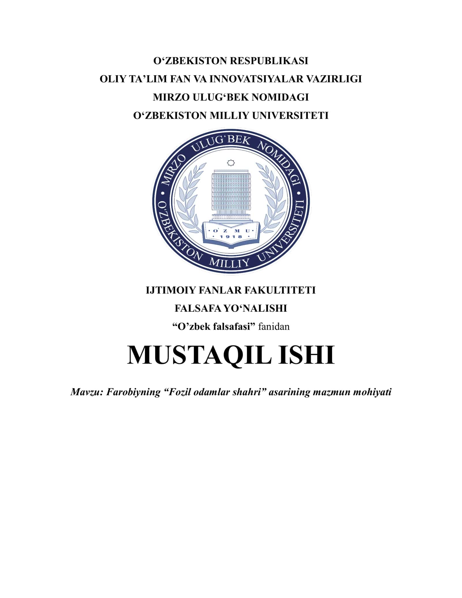 Farobiyning “Fozil odamlar shahri” asarining mazmun-mohiyati