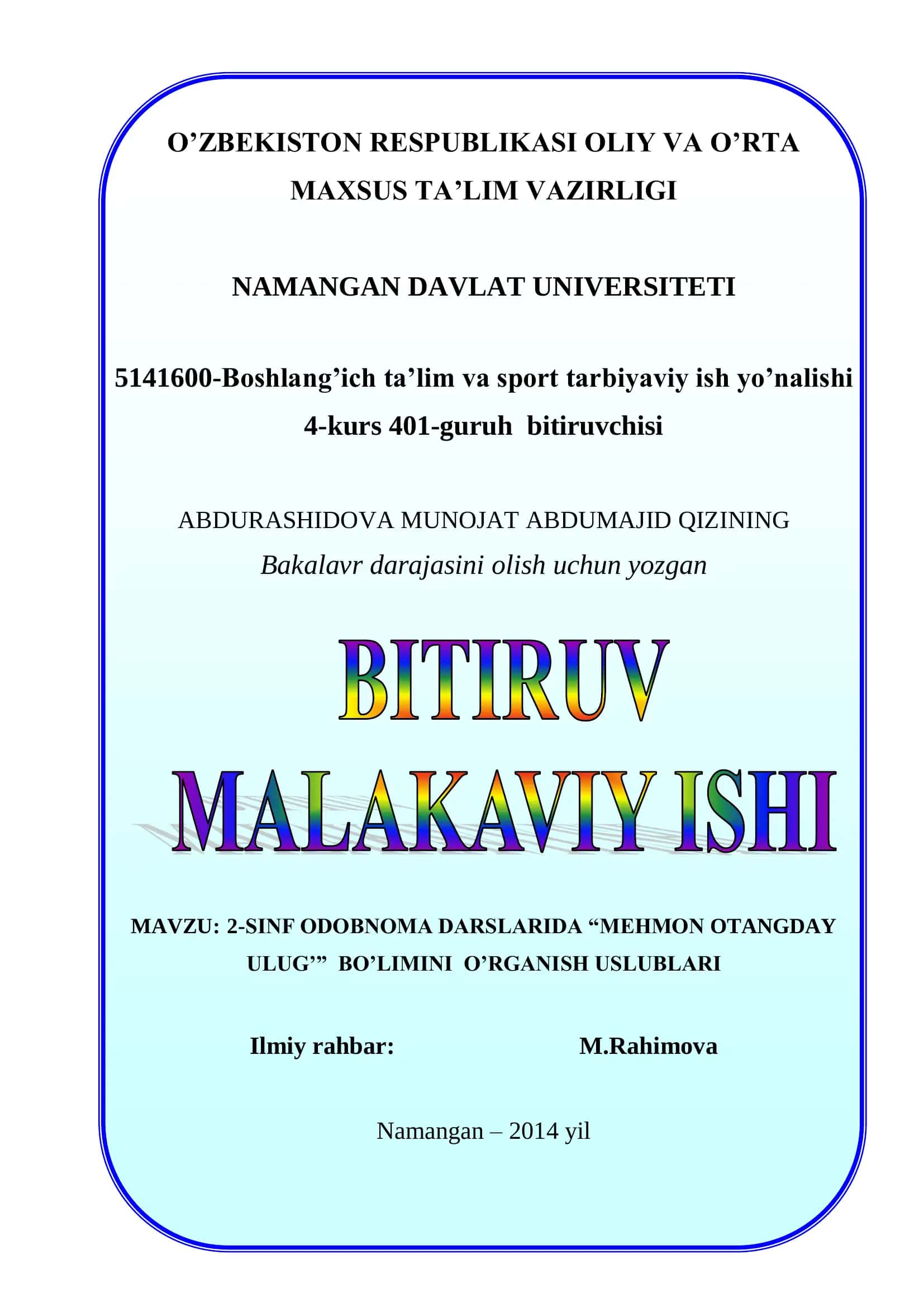 2-SINF ODOBNOMA DARSLARIDA “MEHMON OTANGDAY ULUG’” BO’LIMINI O’RGANISH USLUBLARI