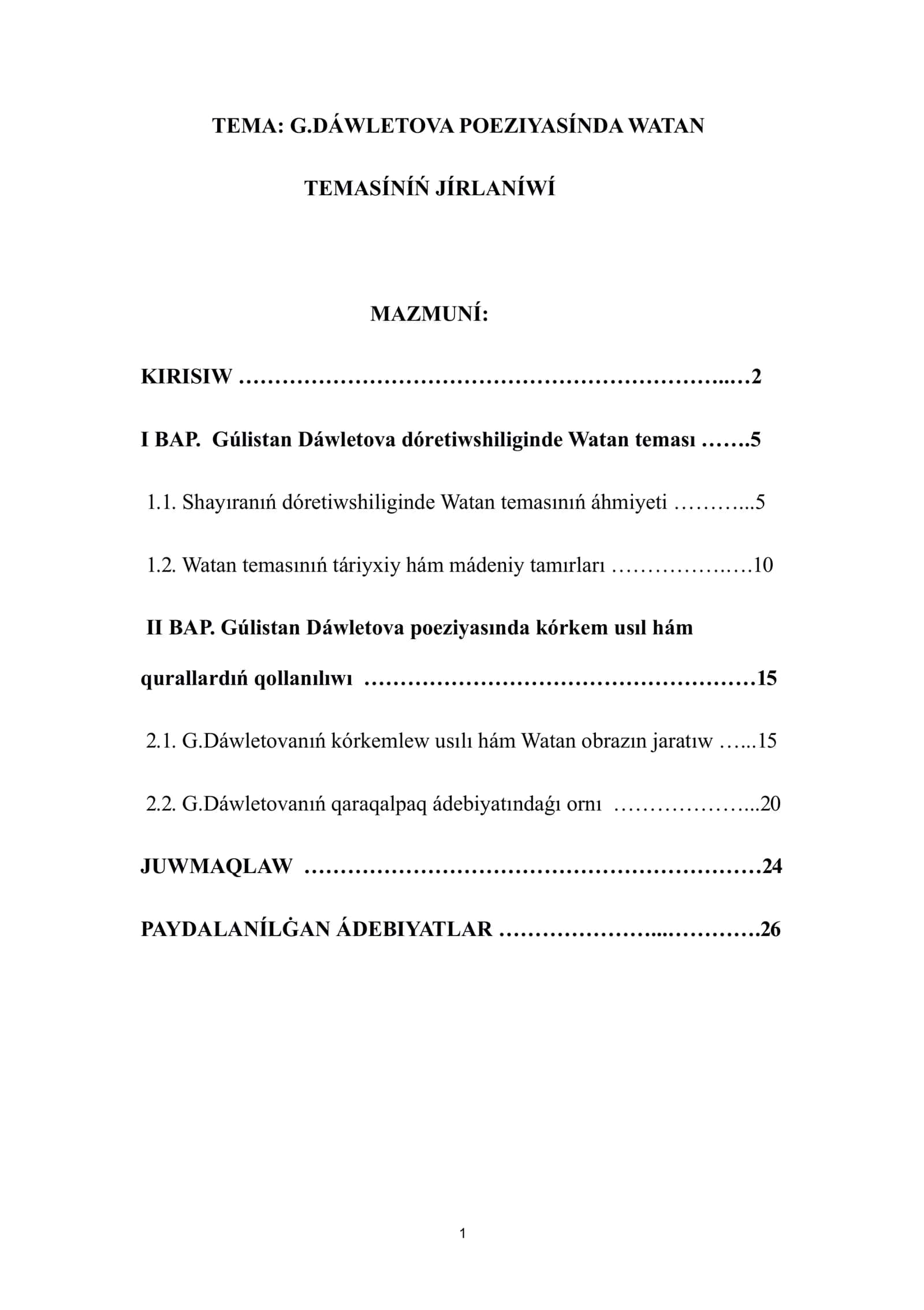 G. Dáwletova poeziyasında Watan temasınıń jırlanıwı - KUrs jumısı