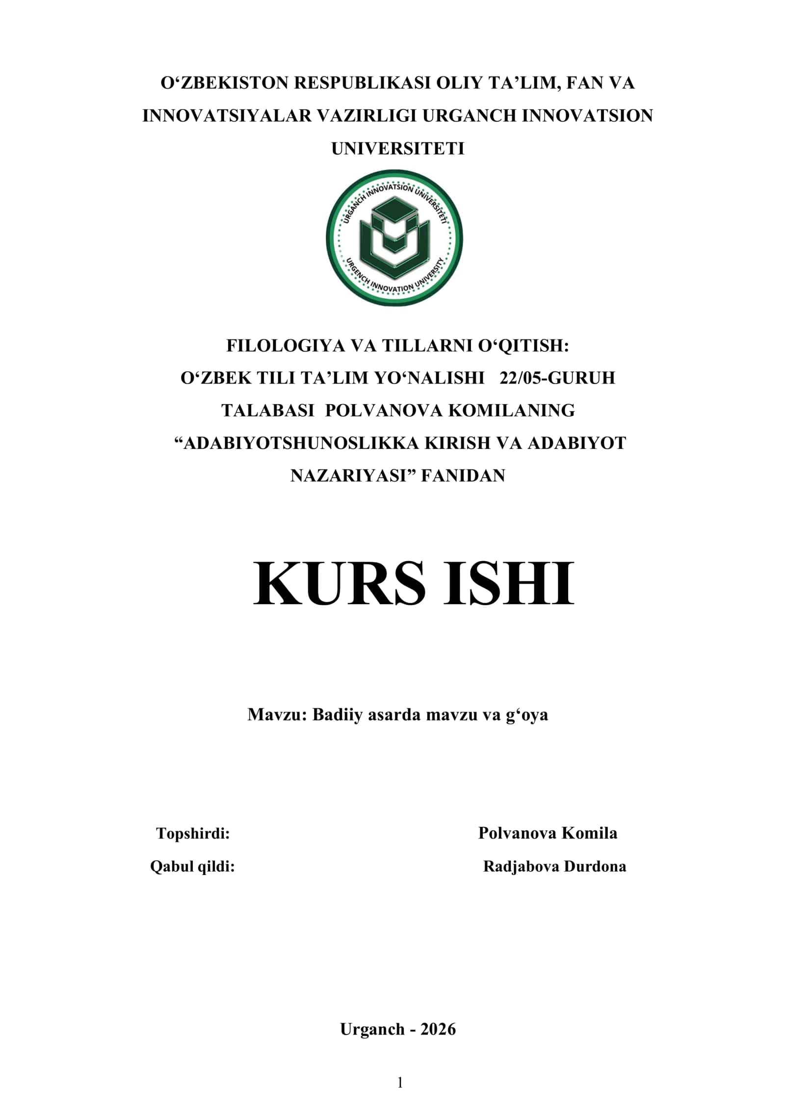 "Adabiyotshunoslikka kirish va adabiyot nazariyasi" kurs ishi
