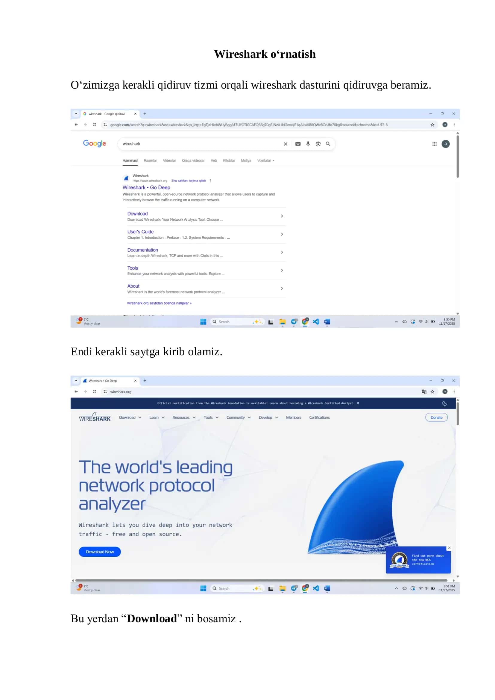 Wireshark o‘rnatish