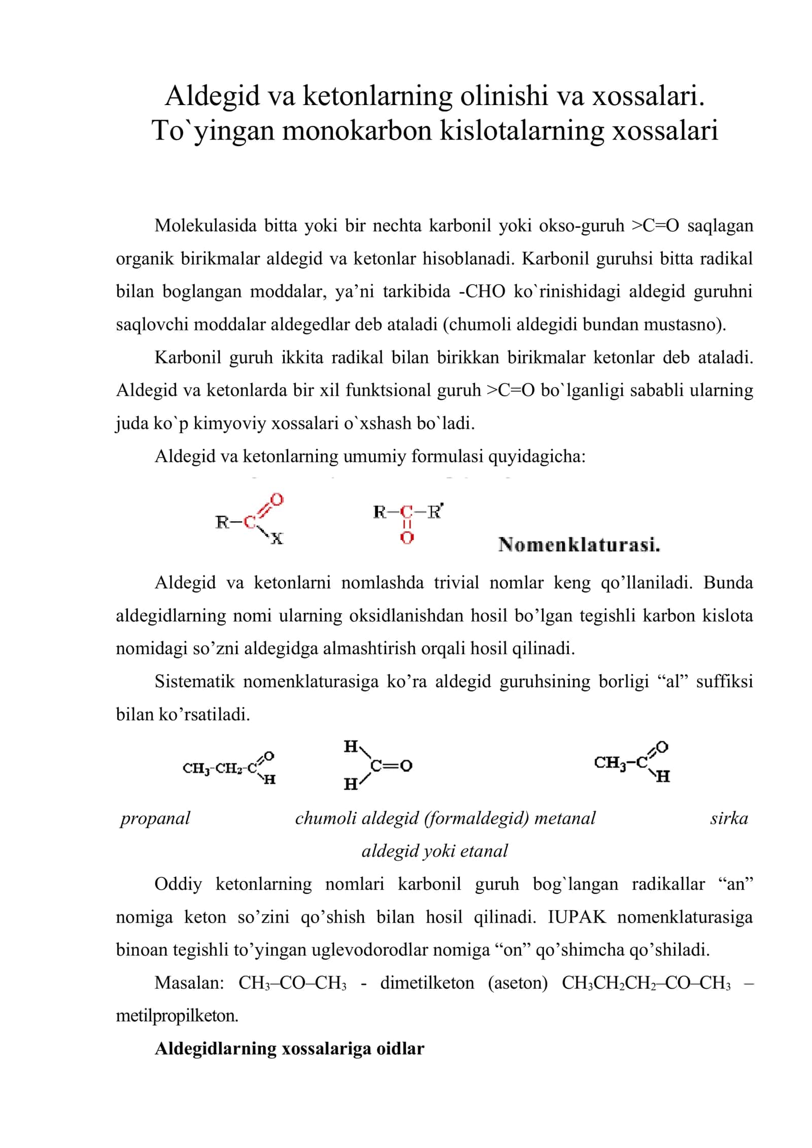 Aldegid va ketonlarning olinishi va xossalari