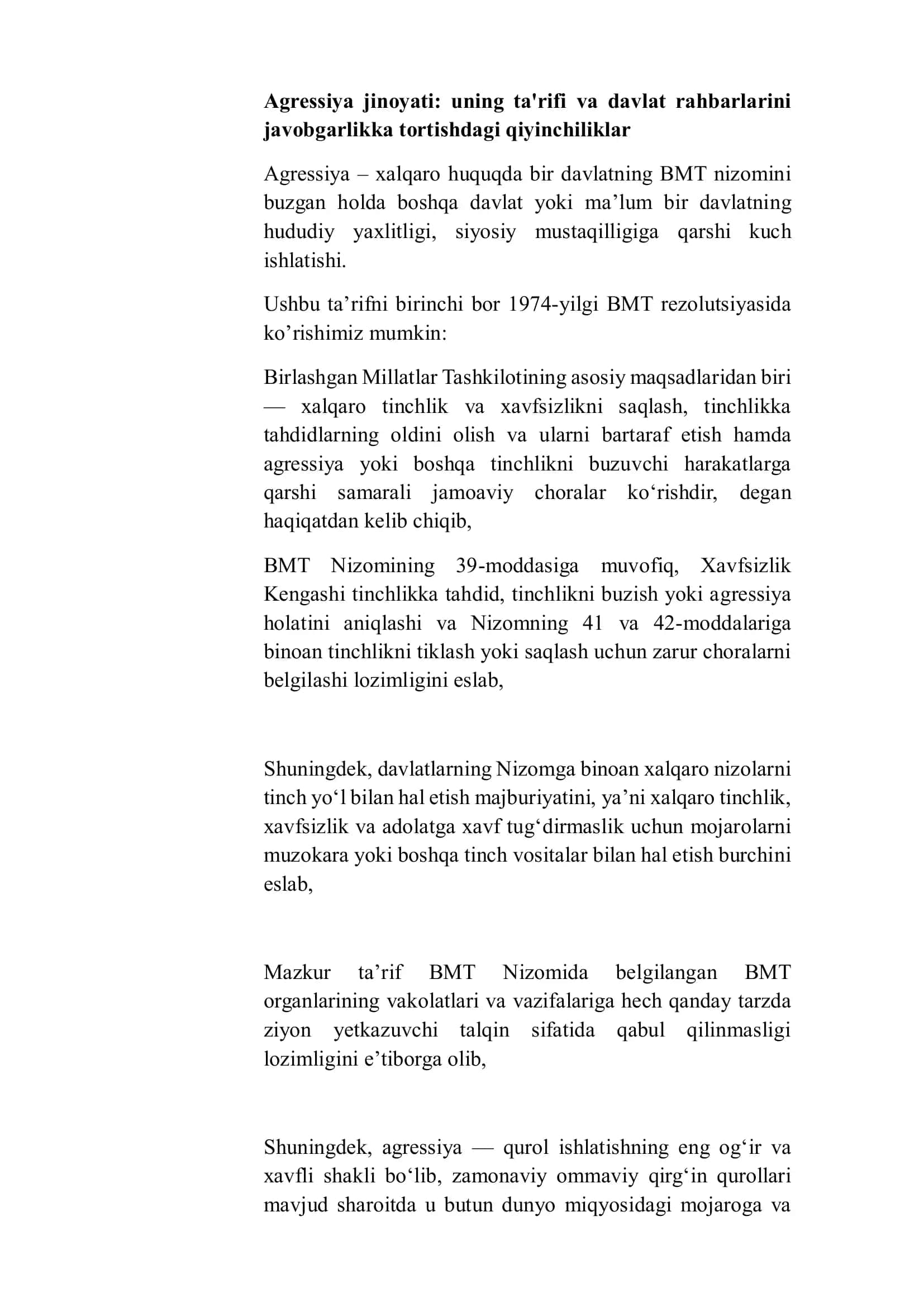 Agressiya jinoyati: uning ta'rifi va davlat rahbarlarini javobgarlikka tortishdagi qiyinchiliklar