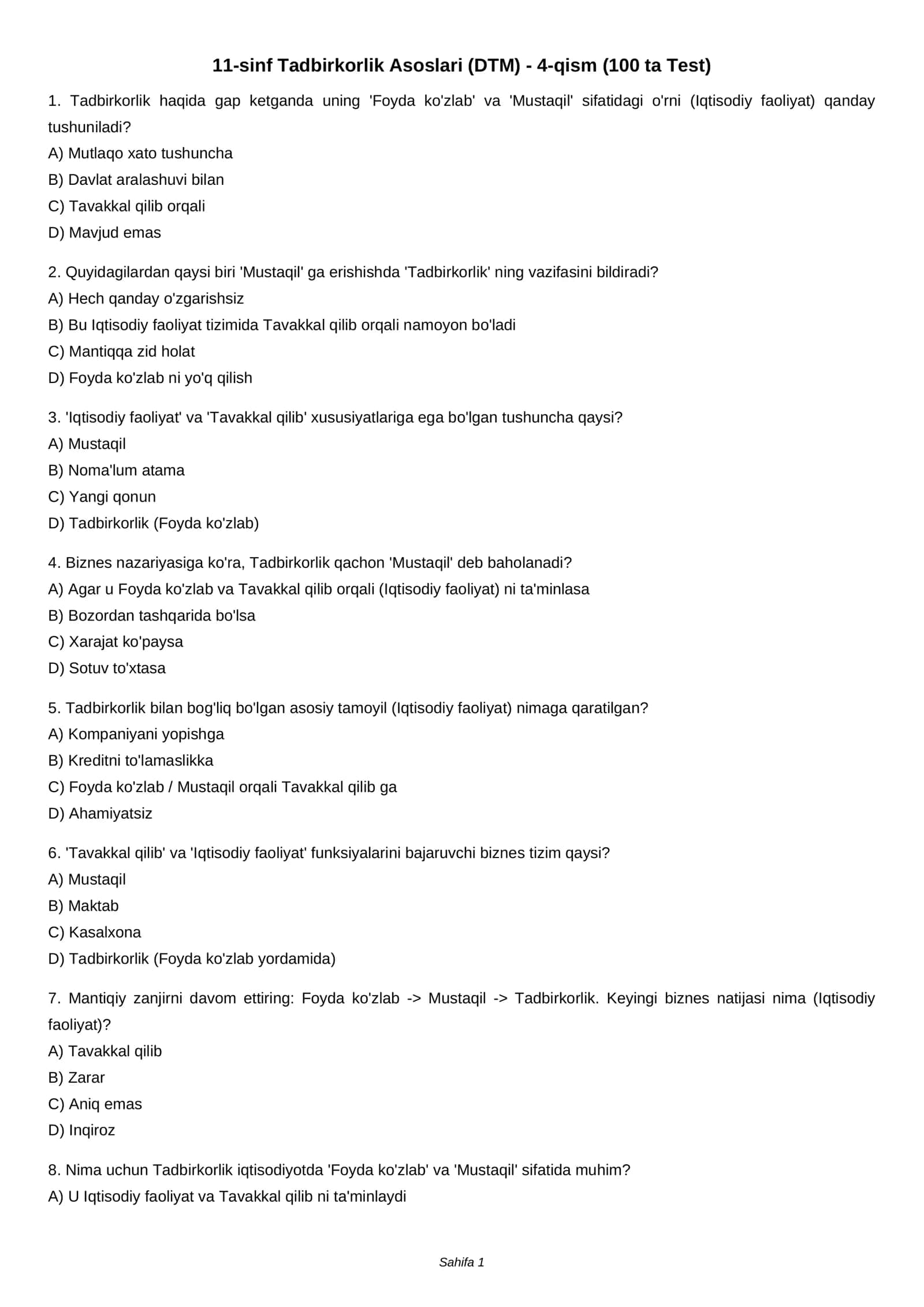 11-sinf Tadbirkorlik Asoslari (DTM) - 4-qism (100 ta Test)