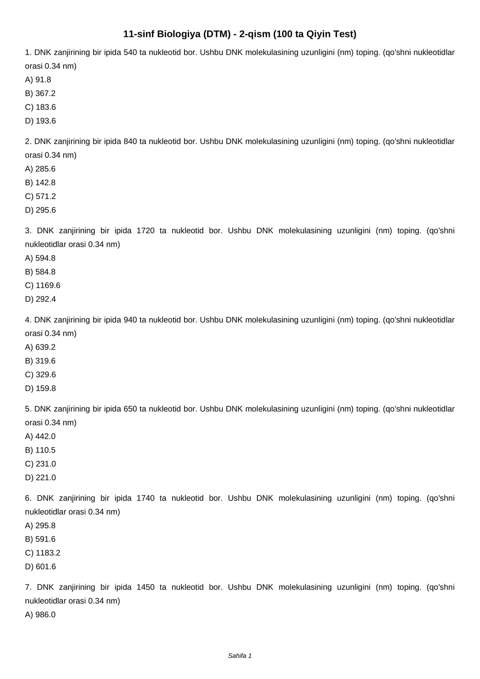 11-sinf Biologiya (DTM) - 2-qism (100 ta Qiyin Test)