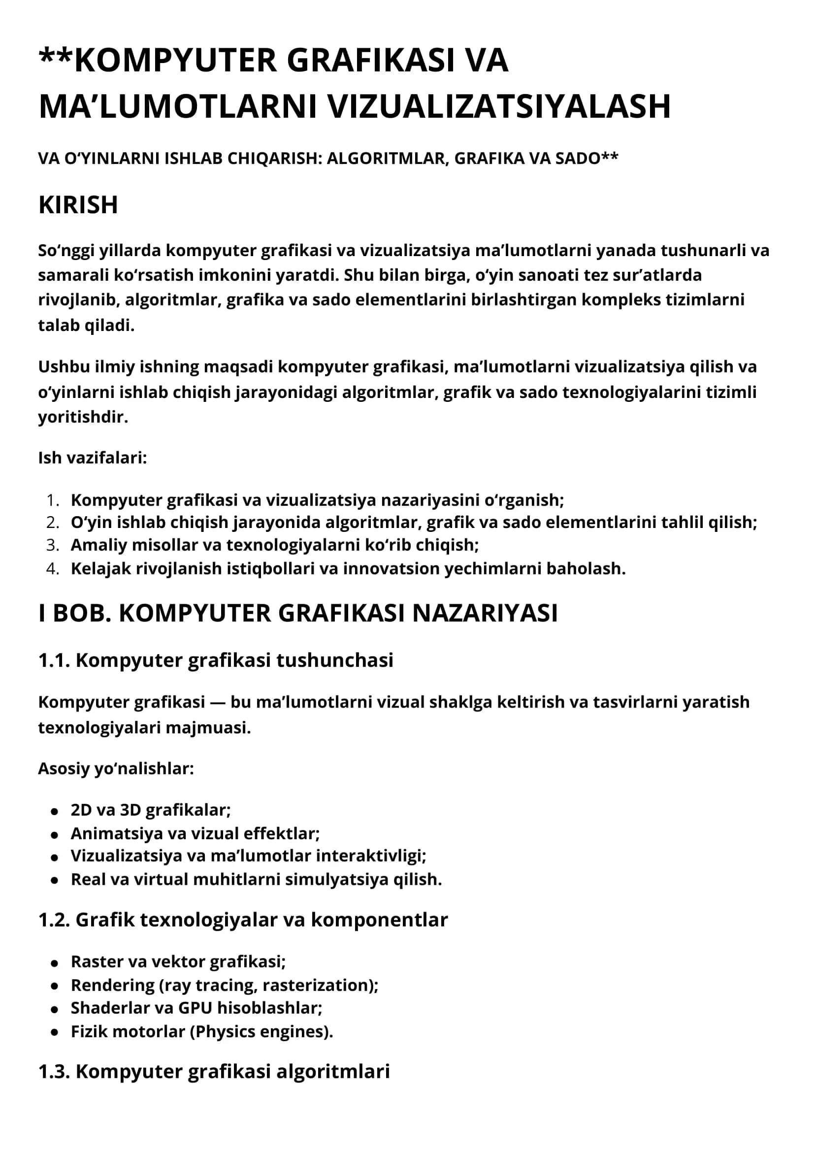 KOMPYUTER GRAFIKASI VA MA’LUMOTLARNI VIZUALIZATSIYALASH VA O‘YINLARNI ISHLAB CHIQARISH: ALGORITMLAR, GRAFIKA VA SADO