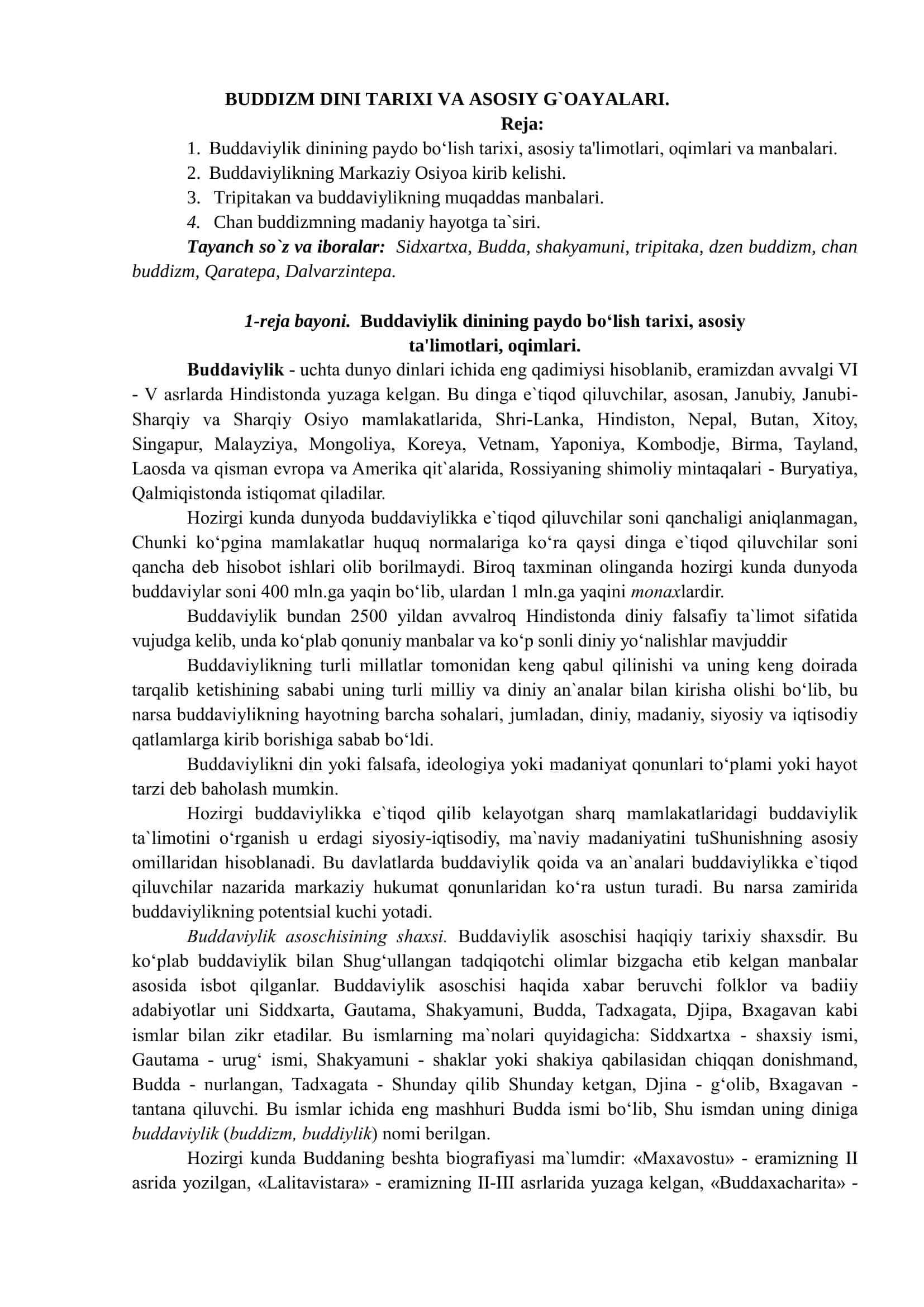 Buddizm Dini Tarixi va Asosiy G`oayalari