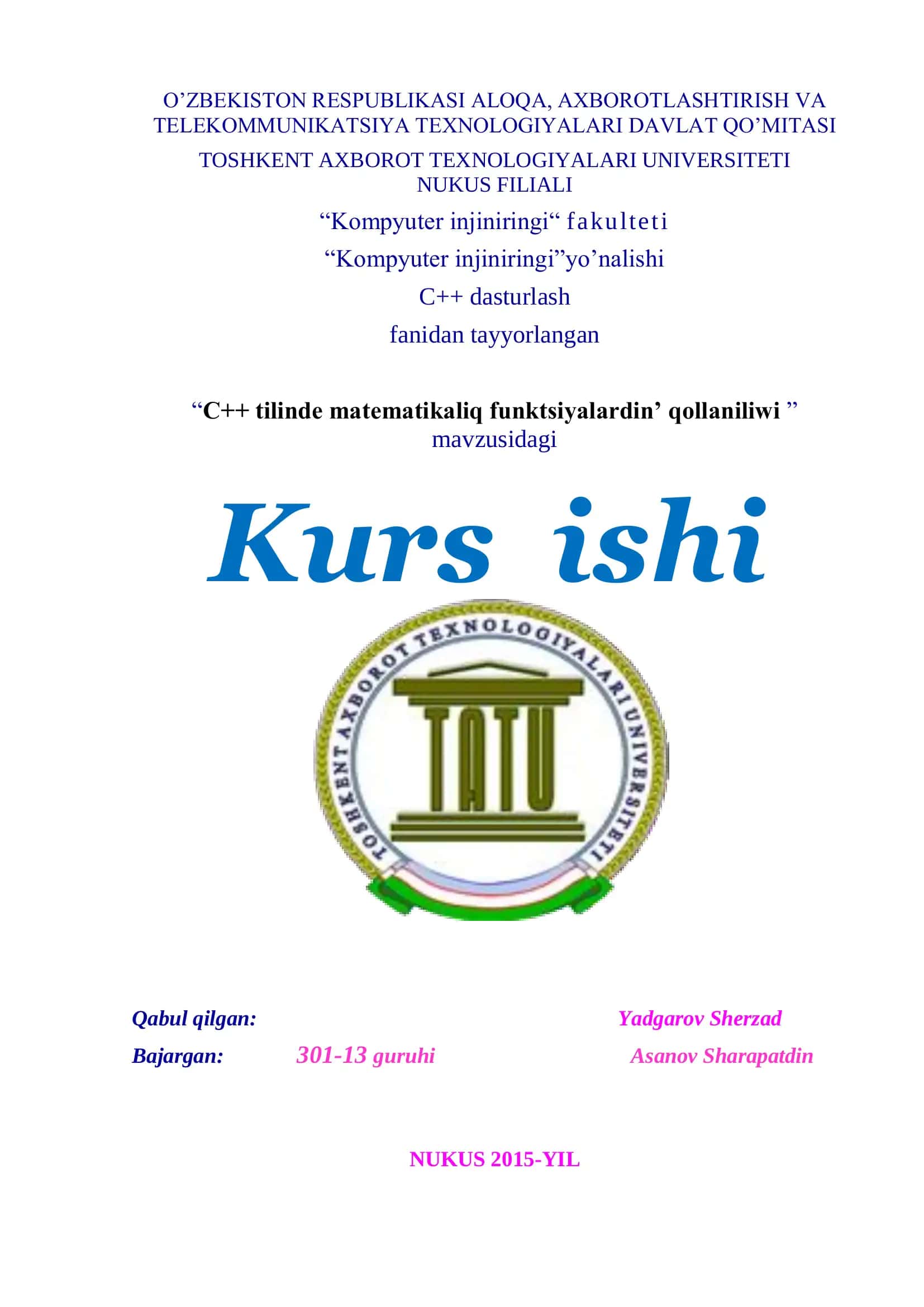C++ tilinde matematikaliq funktsiyalardin’ qollaniliwi