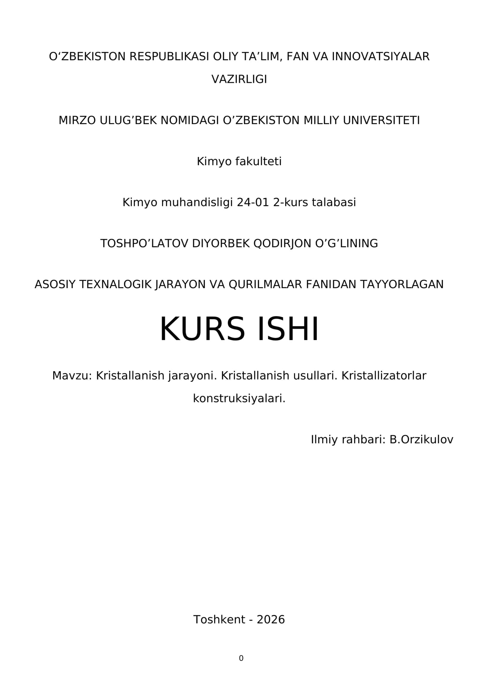 Kristallanish jarayoni. Kristallanish usullari. Kristallizatorlar konstruksiyalari