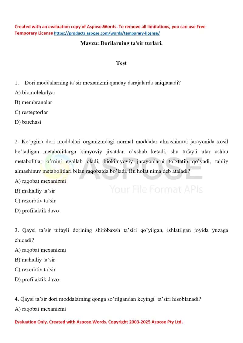 Dorilarning ta'sir turlari. Test 10 ta, javobli.