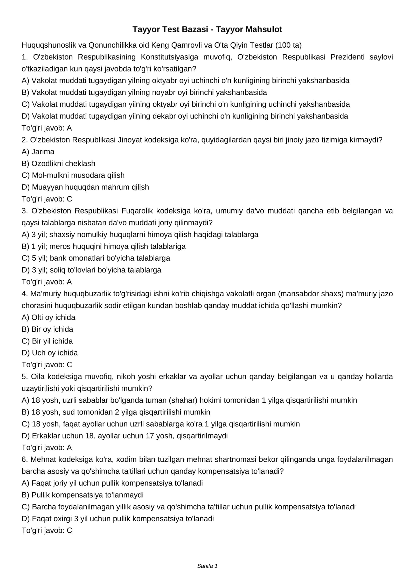 Tayyor Test Bazasi - Tayyor Mahsulot