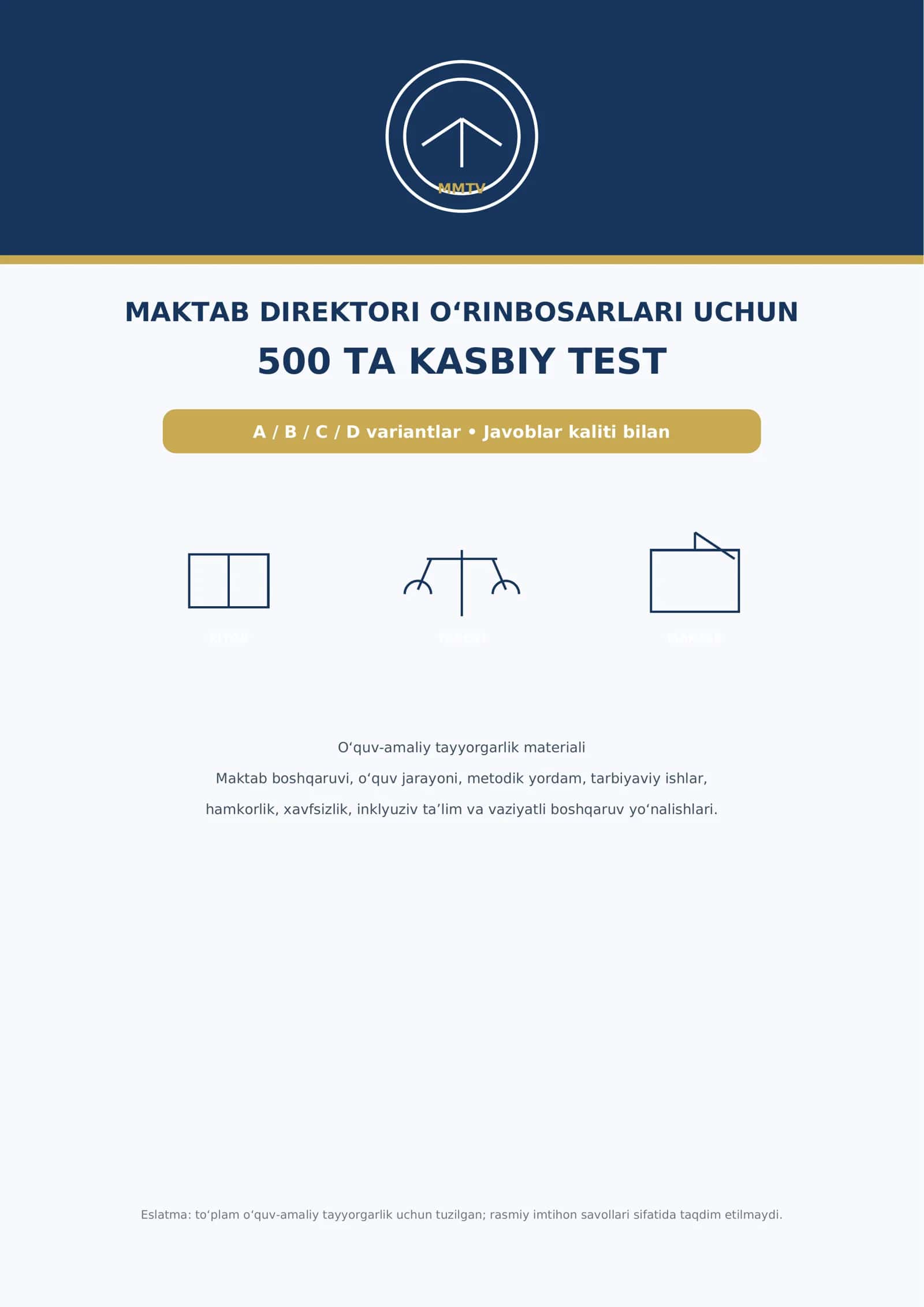 MAKTAB DIREKTORI O‘RINBOSARLARI UCHUN 500 TA KASBIY TEST