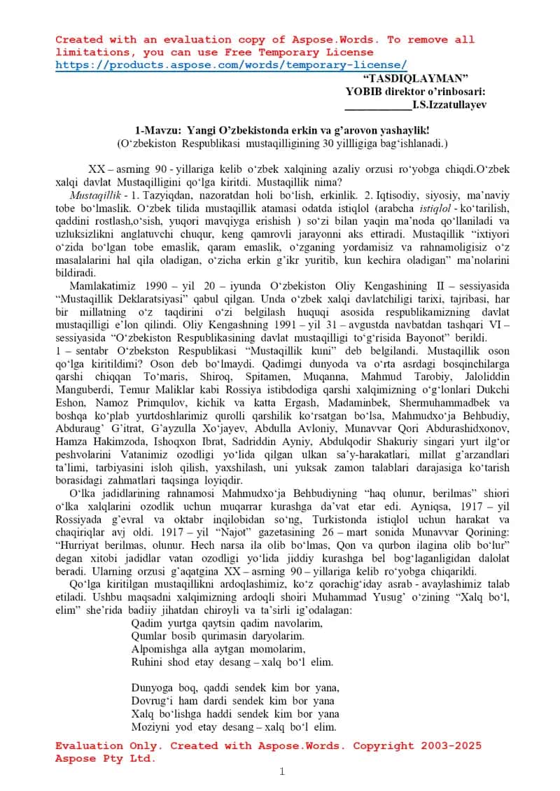 Yangi O’zbekistonda erkin va g’arovon yashaylik!