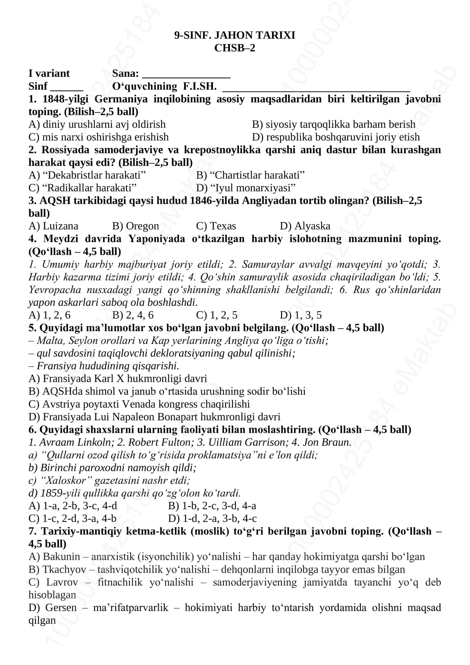 9-SINF. JAHON TARIXI СHSB–2