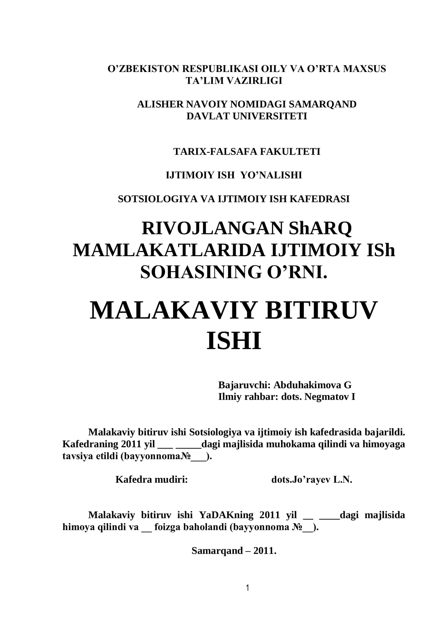 RIVOJLANGAN ShARQ MAMLAKATLARIDA IJTIMOIY ISh