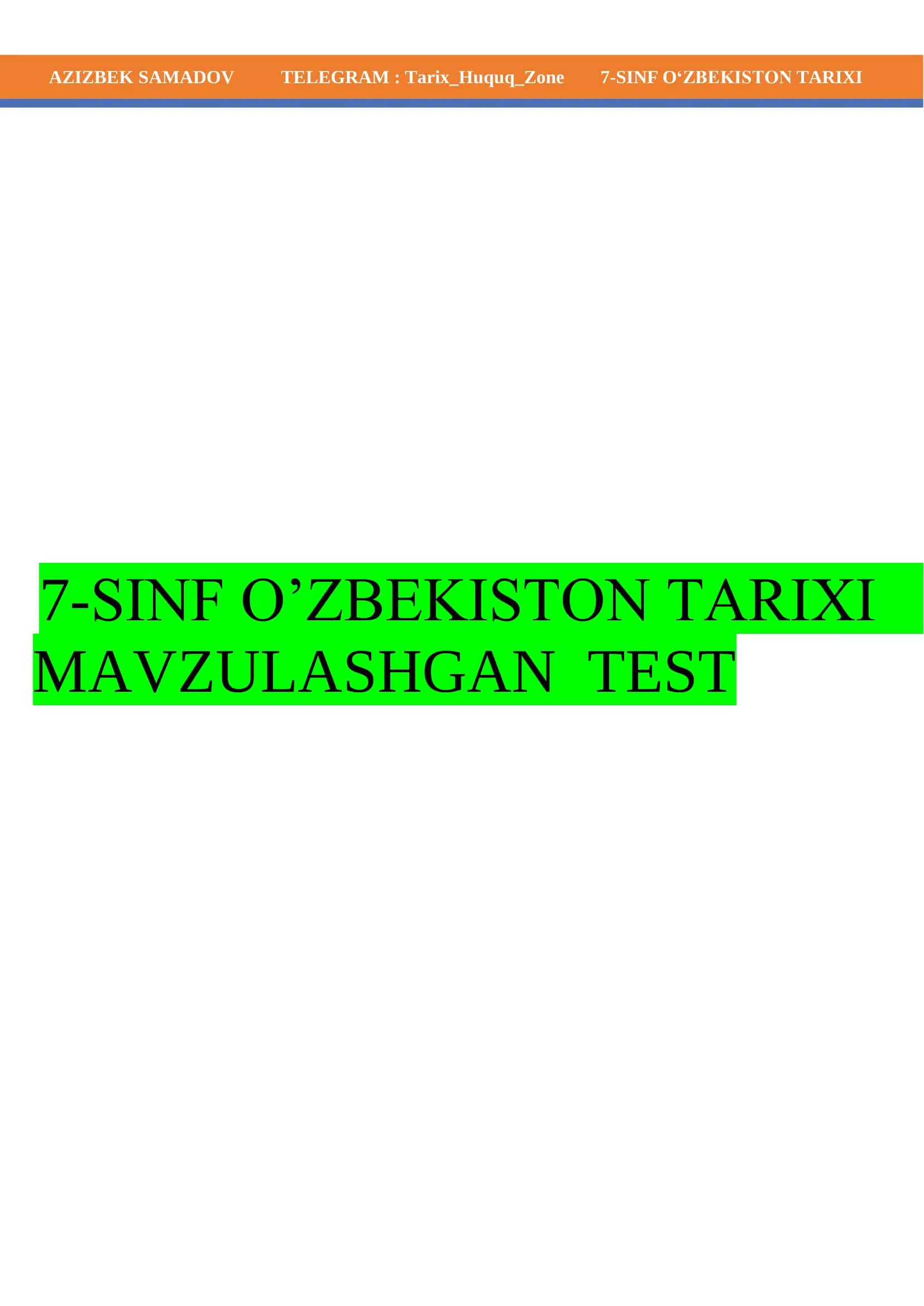 7-SINF O'ZBEKISTON TARIXI Test