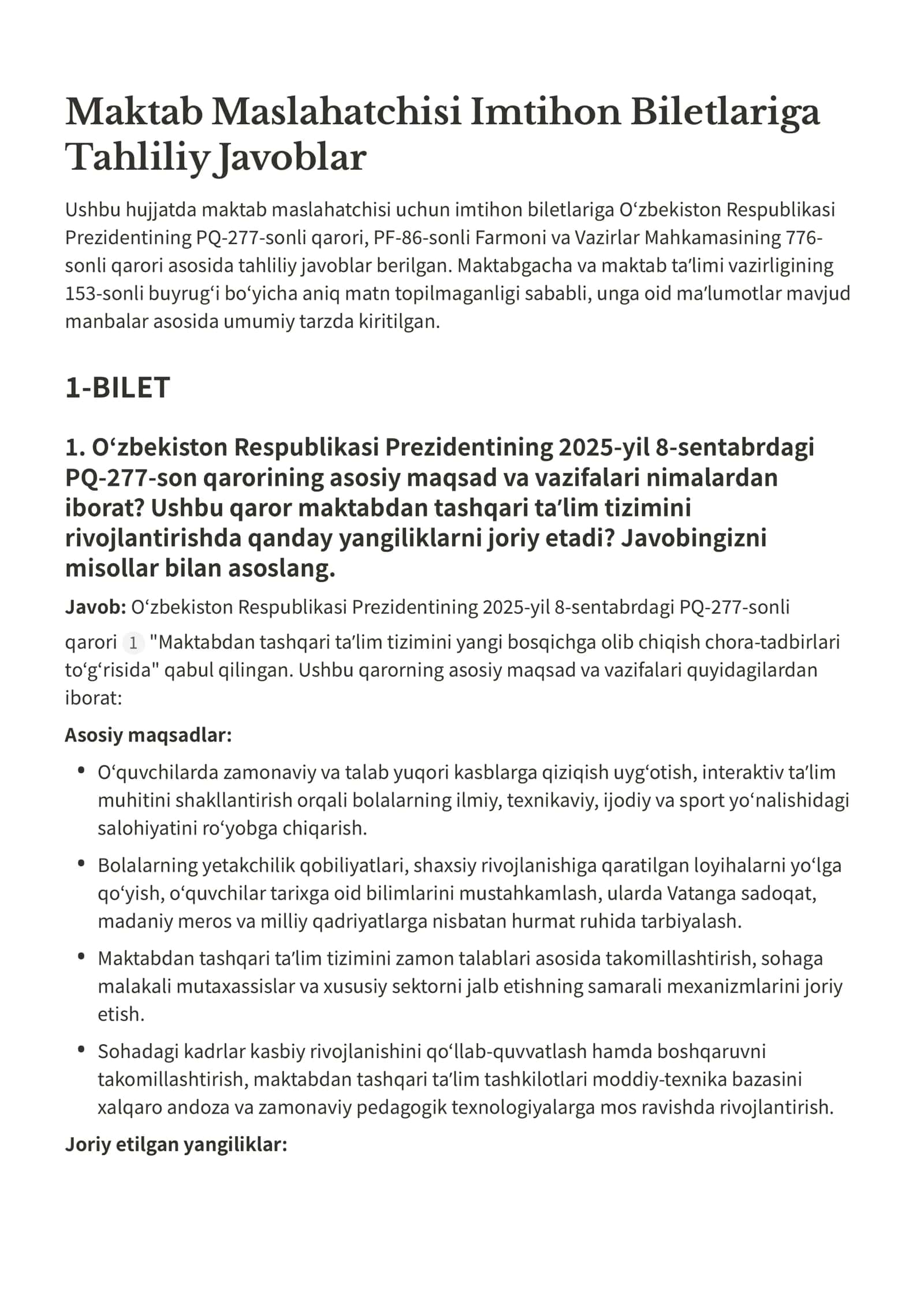 Maktab Maslahatchisi Imtihon Biletlariga Javoblar