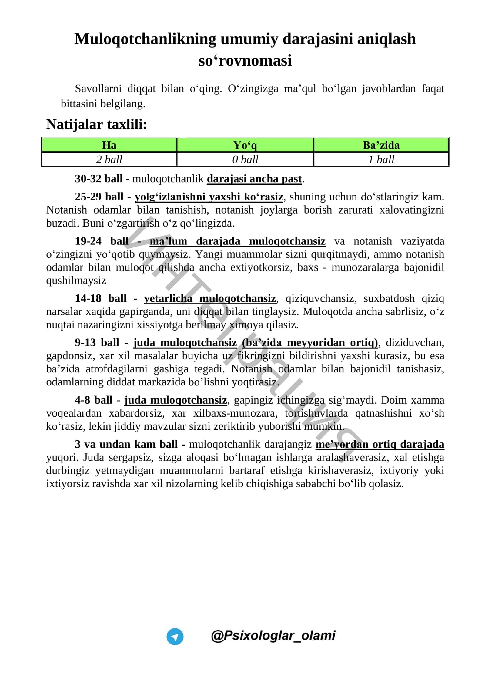 Muloqotchanlikning umumiy darajasini aniqlash so‘rovnomasi