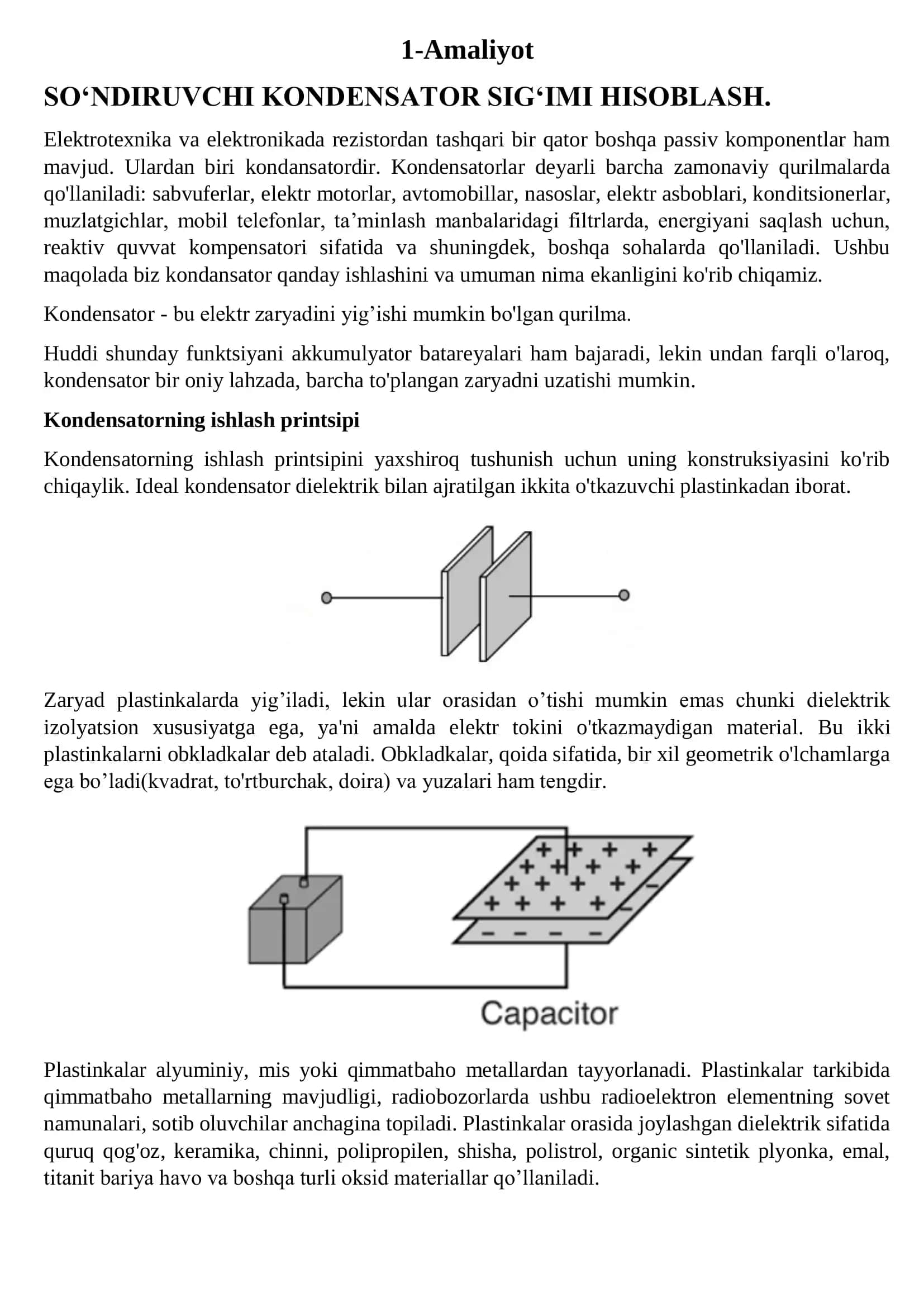Kondensator ishlash printsipi