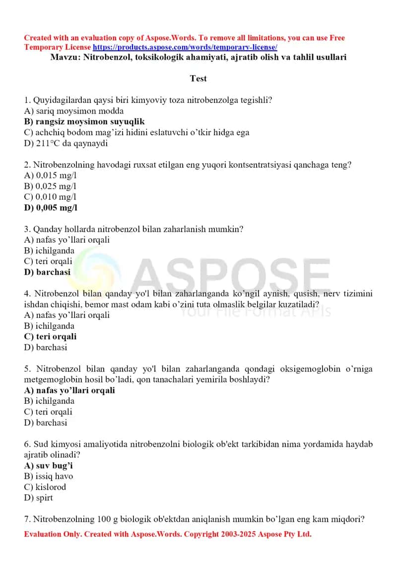 6. Nitrobenzol, toksikologik ahamiyati, ajratib olish va tahlil usullari. Test, 10 ta.