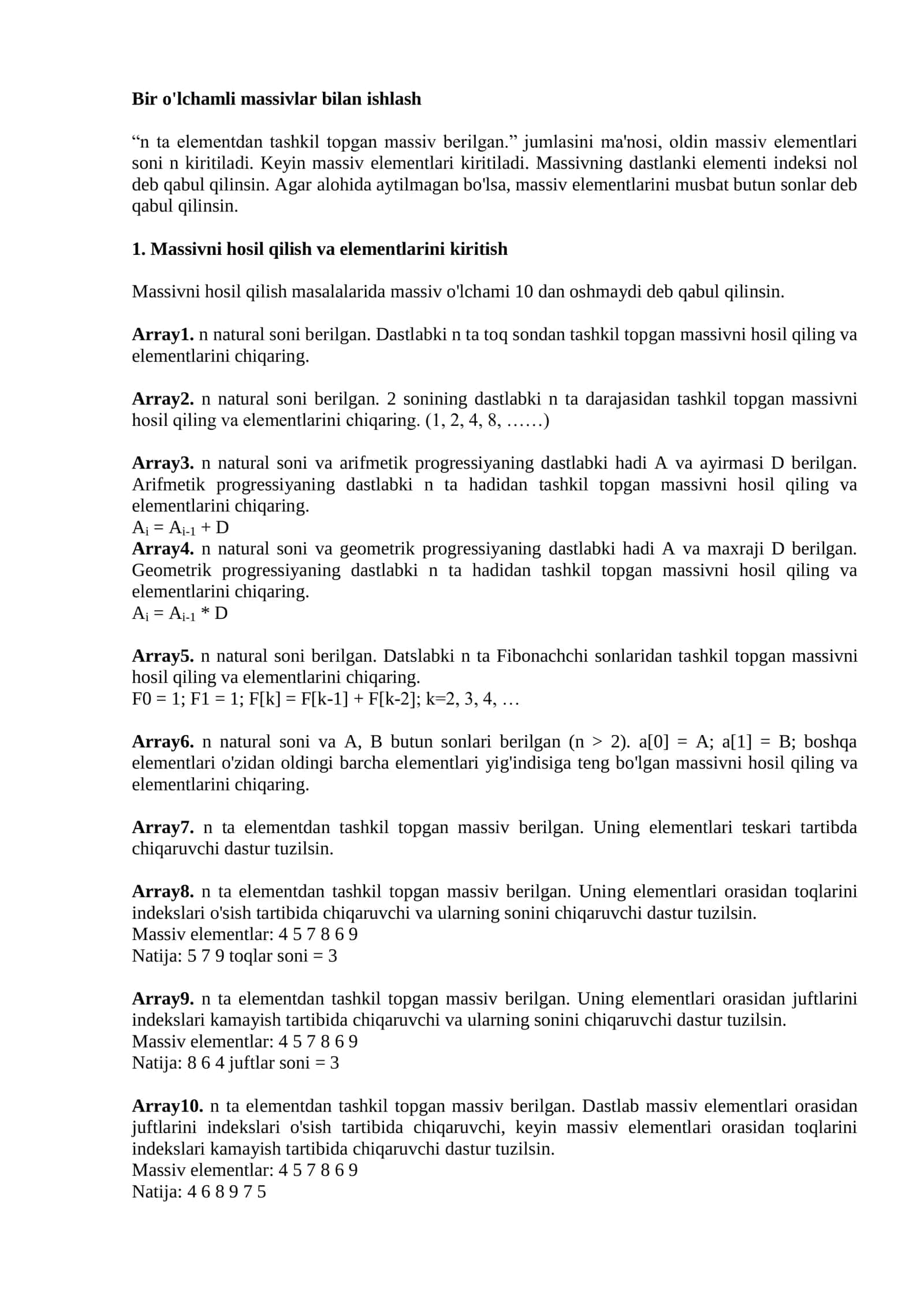 Bir o'lchamli massivlar bilan ishlash