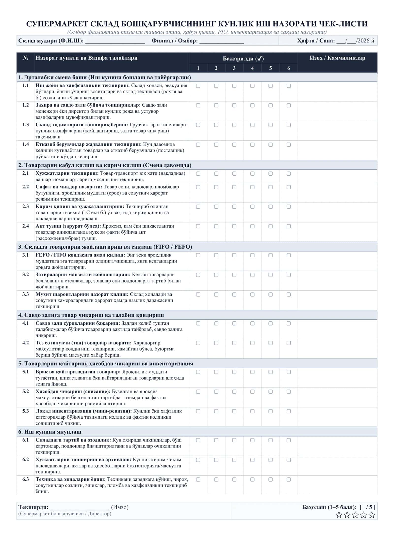 Sklad boshqaruvchisi kunlik ish nazorati chek listi